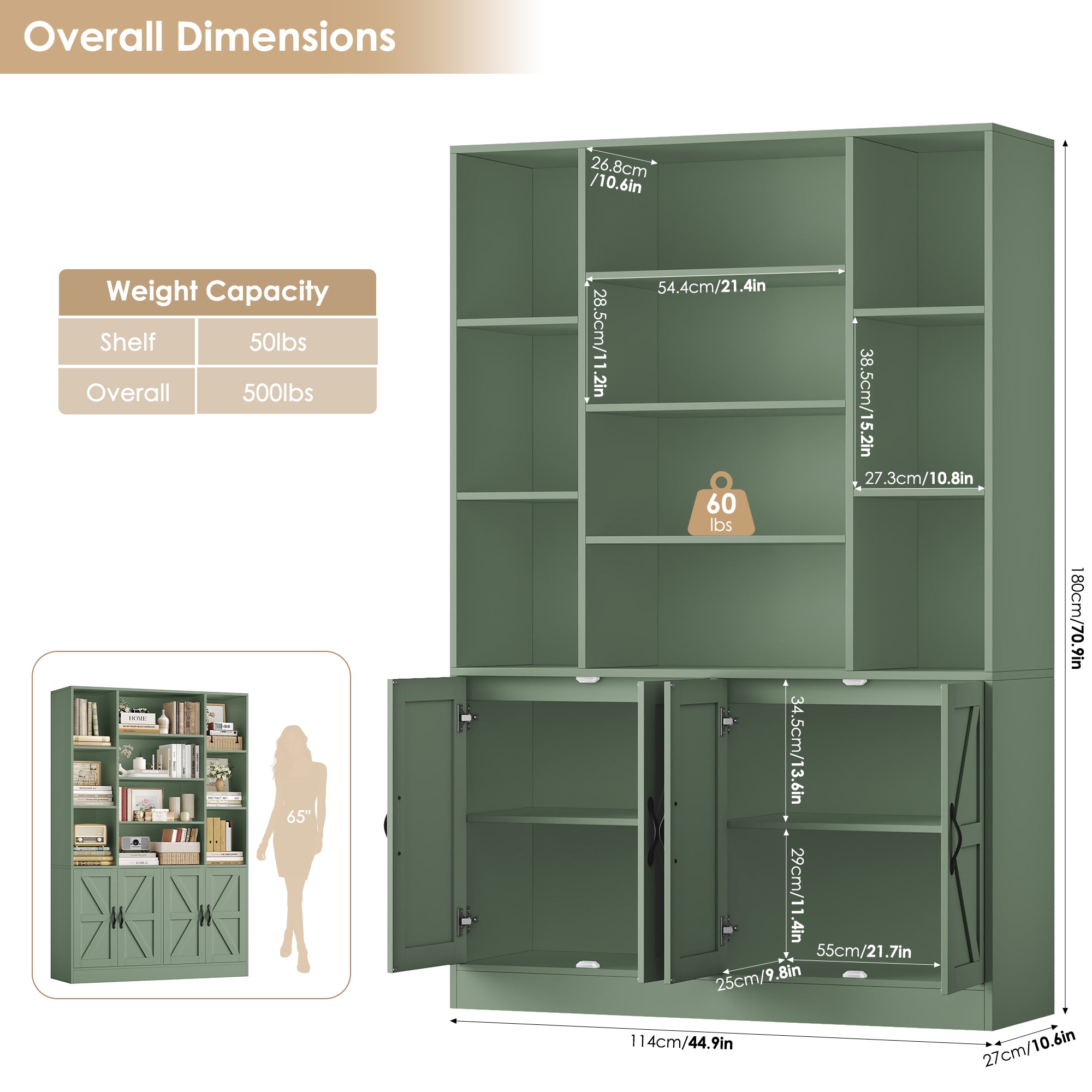 Hiphuta 75" Tall Modern Bookcases with 2 Double Door Cabinet, 47"Wide Wooden Storage Bookshelf for Living Room Home Office Entryway, Green