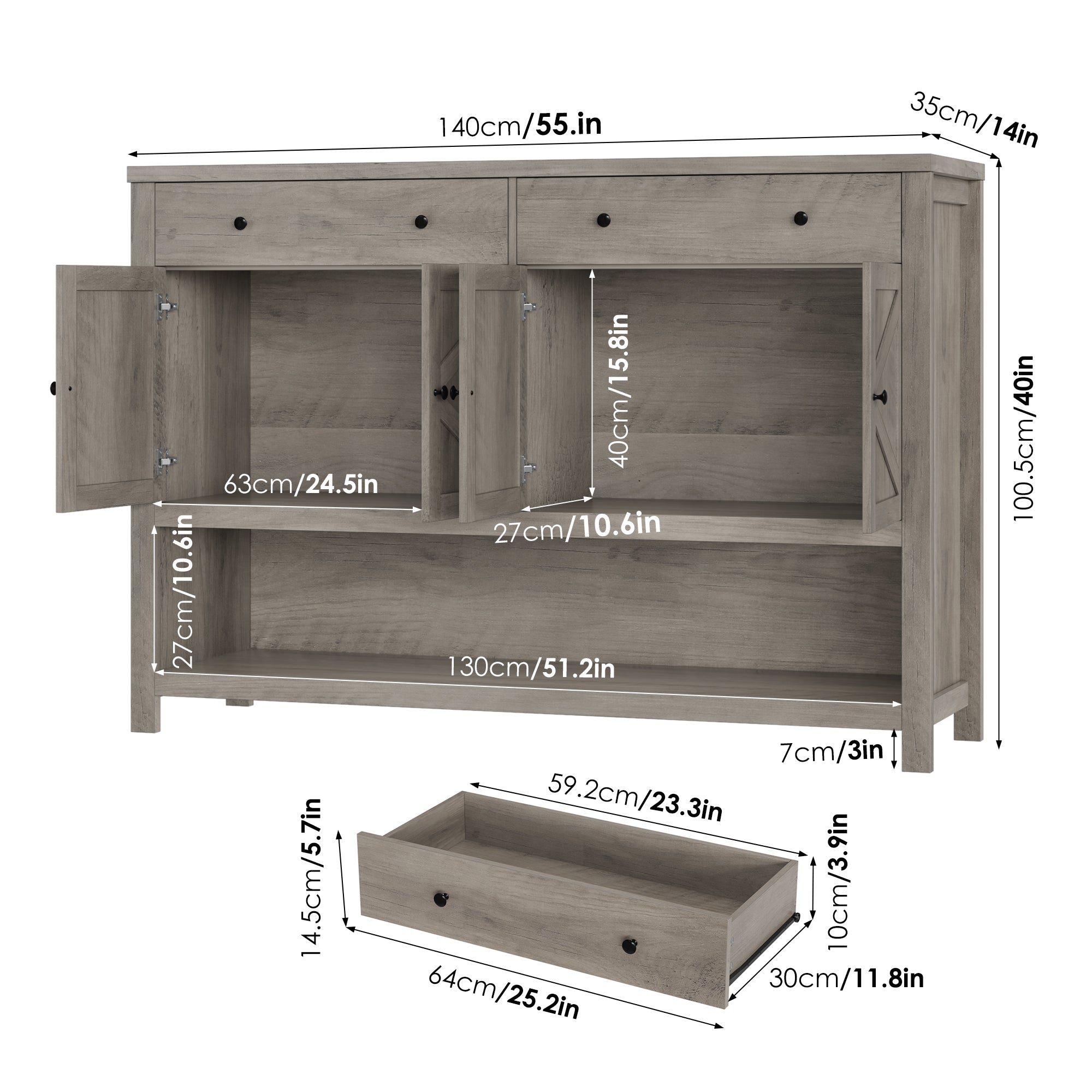 Hiphuta 55" Wide Console Table with 2 Drawers and 2 Double-Door Cabinet, Farmhouse Sideboard, Ash Gray