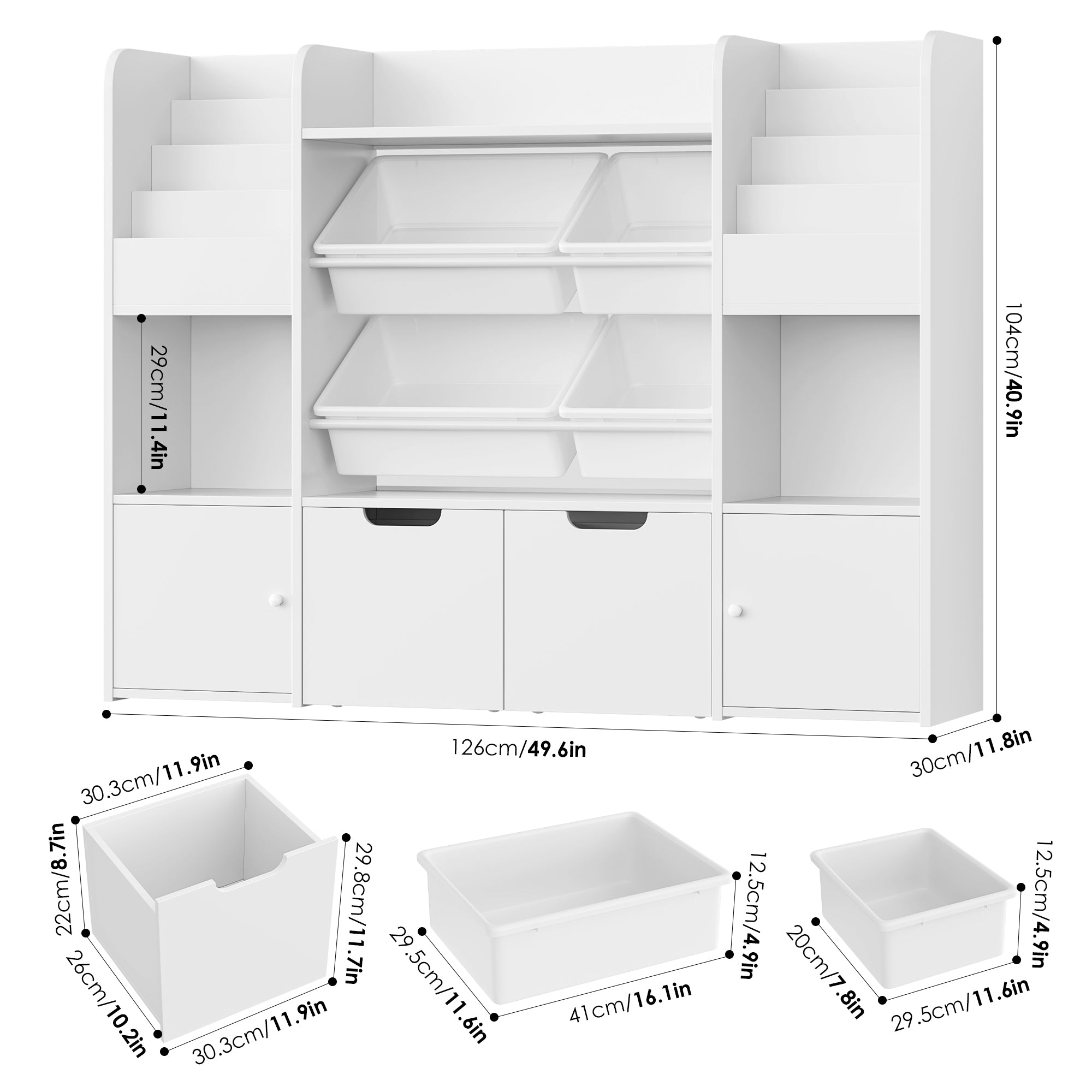 Hiphuta Kid’s Toy Storage Organizer, Wood Toy Organizer of 4 Bins& 2 Removable Drawers, Children's Bookcase with Shelf and 6 Storage Cubbies, White