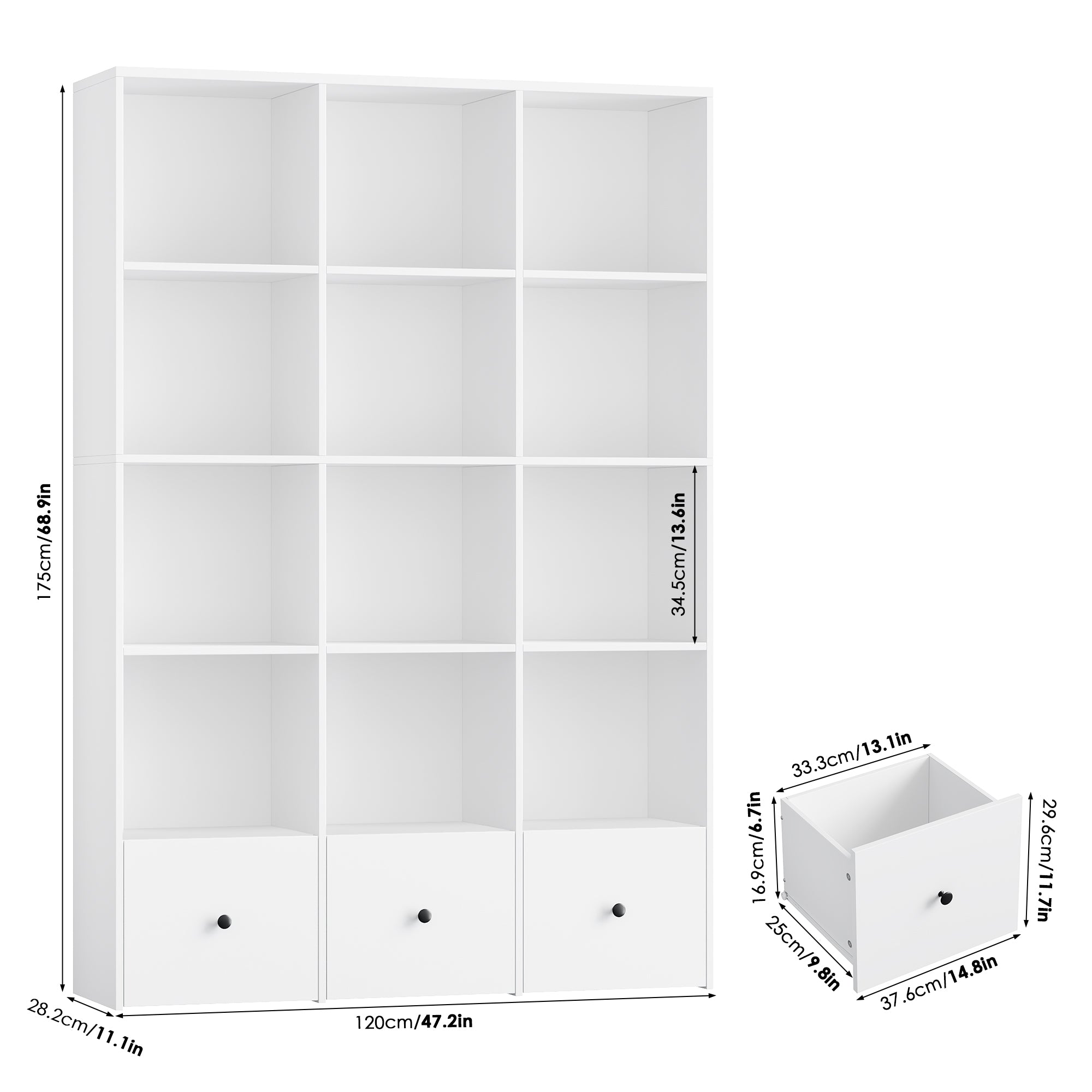 Hiphuta Triple Row 4-Tier Bookcase with 12 Cubes, 69" Tall Large Bookcase with 3 Drawers, for Office Living Room, White