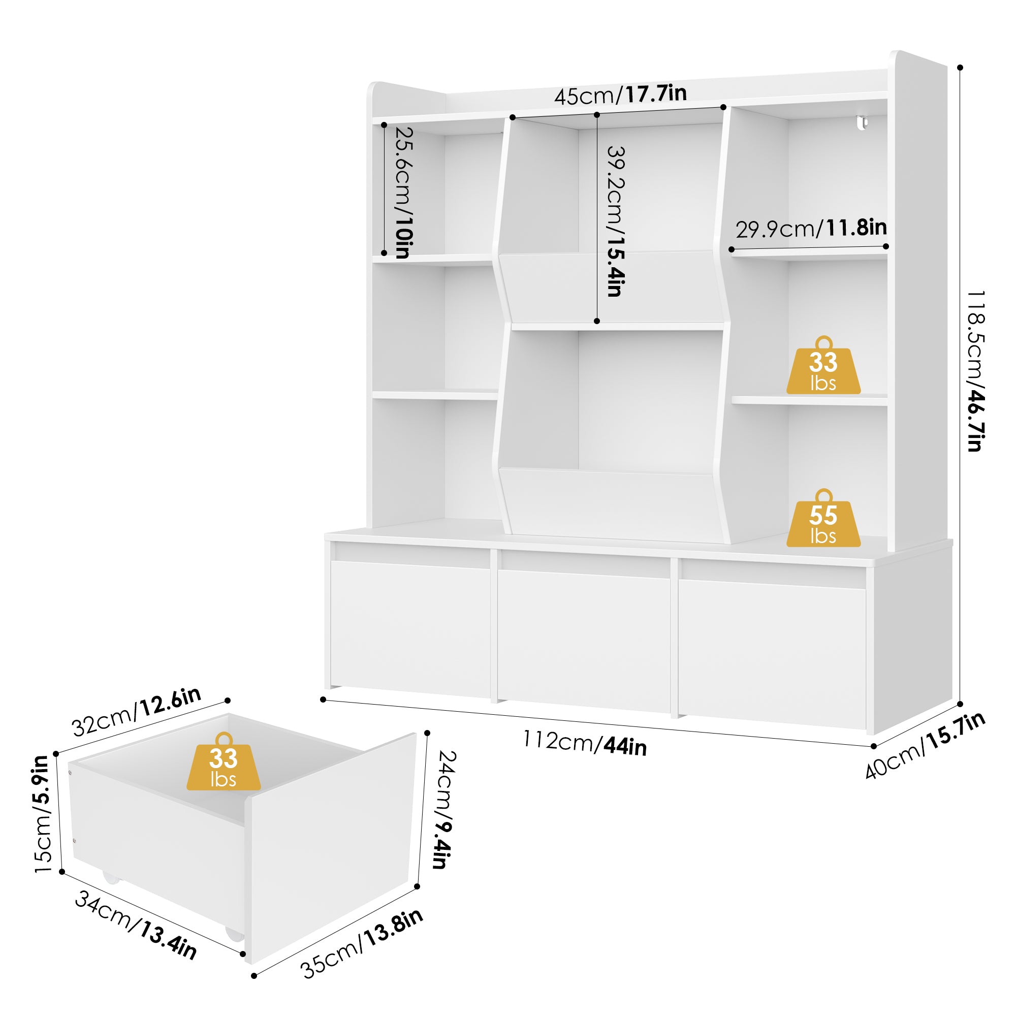 Hiphuta Kid’s Toy Storage Organizer, Wood Toy Organizer of 8 Cubes & 3 Removable Drawers, Children's Bookcase, White