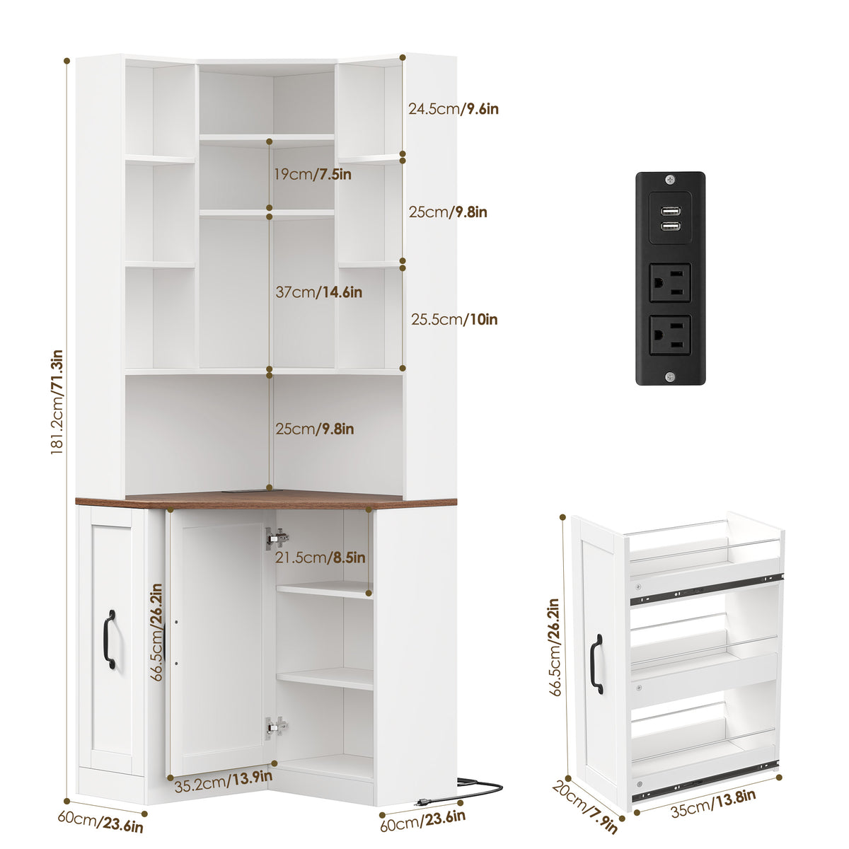 Hiphuta 71" Tall Corner Bookcase with Pull-out Storage Rack, LED Corner Bookshelves with Door and Desktop, and Corner Vanity Cabinet for Home Office Bedroom, White