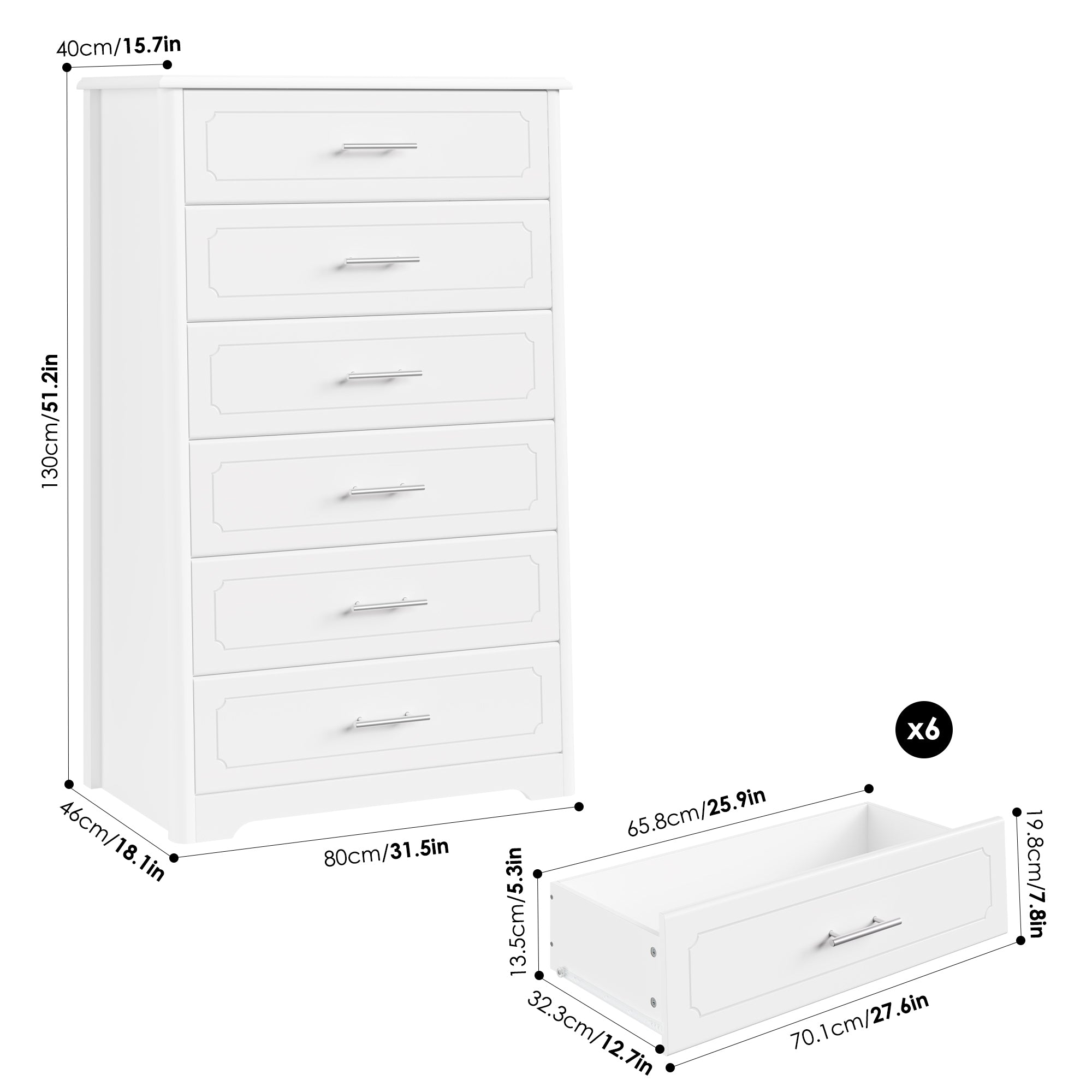 6 Drawers Dresser for Bedroom, Modern Chest of Drawers with Metal Easy Pull Handle, White