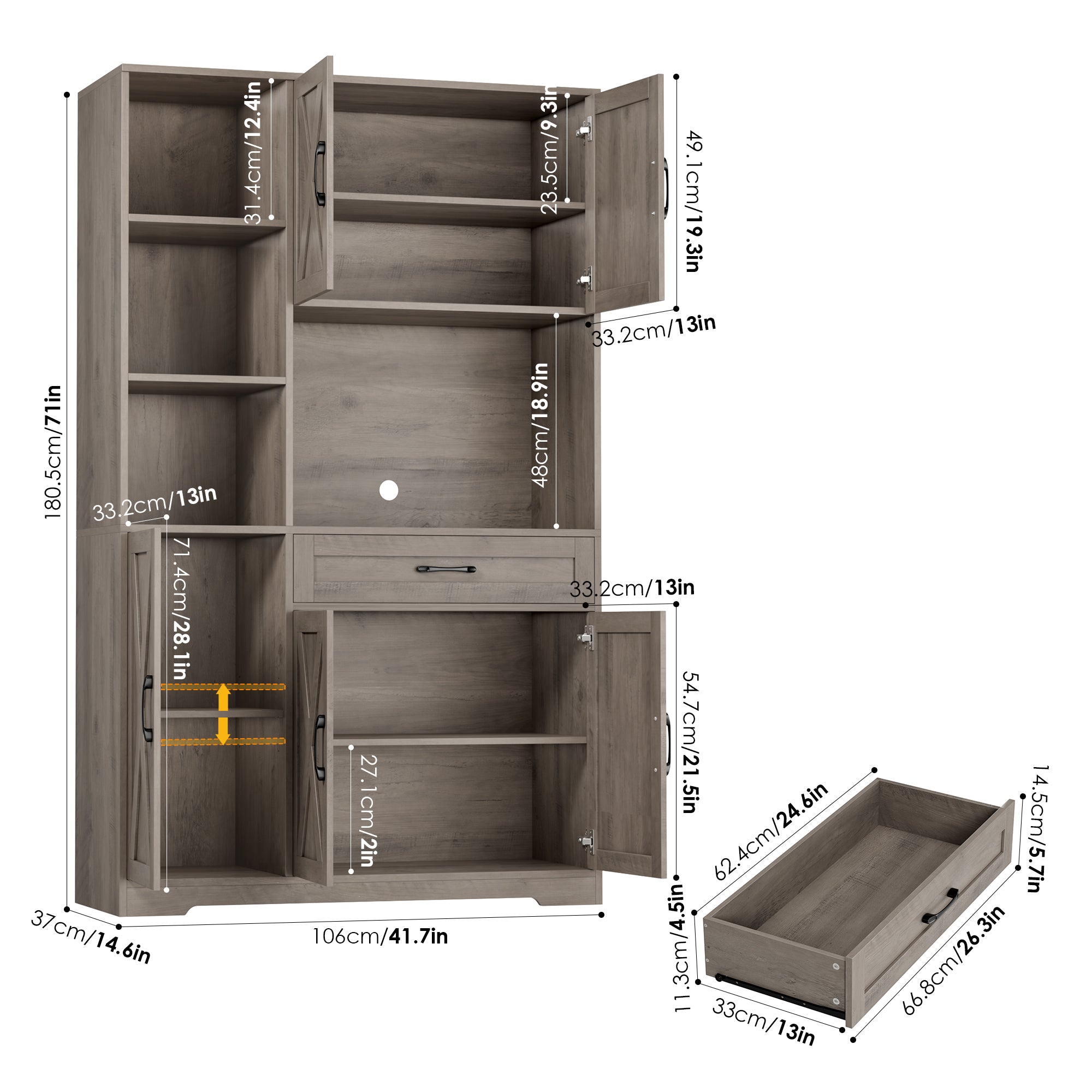 Hiphuta 71" Farmhouse Kitchen Pantry Storage Cabinet, Freestanding Hutch with Doors, Shelves & Microwave Stand, Cupboard for Dining Room, Ash Gray