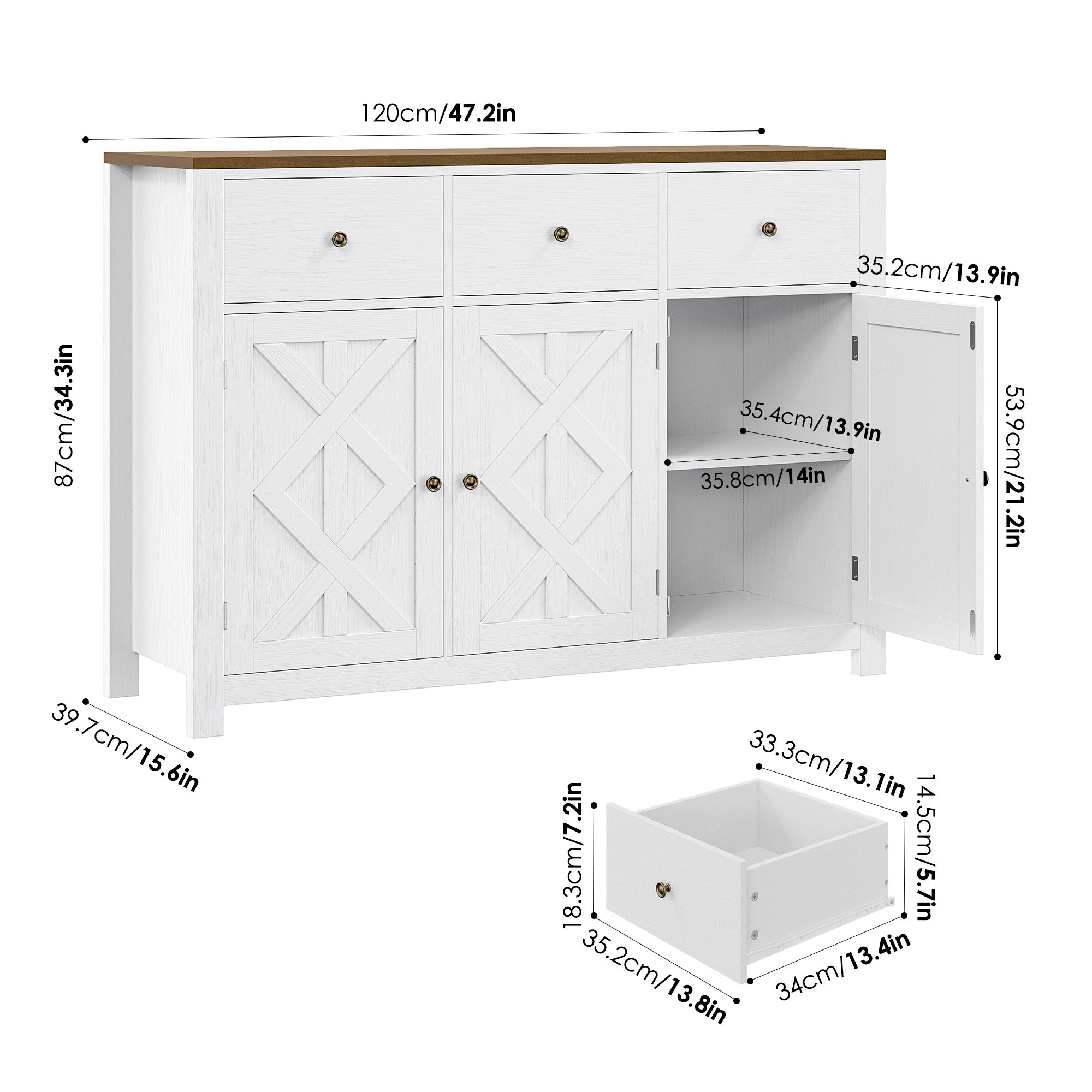 Hiphuta Farmhouse Kitchen Buffet Sideboard with 3 Drawers, Wood Storage Cabinet with Adjustable Shelves, White