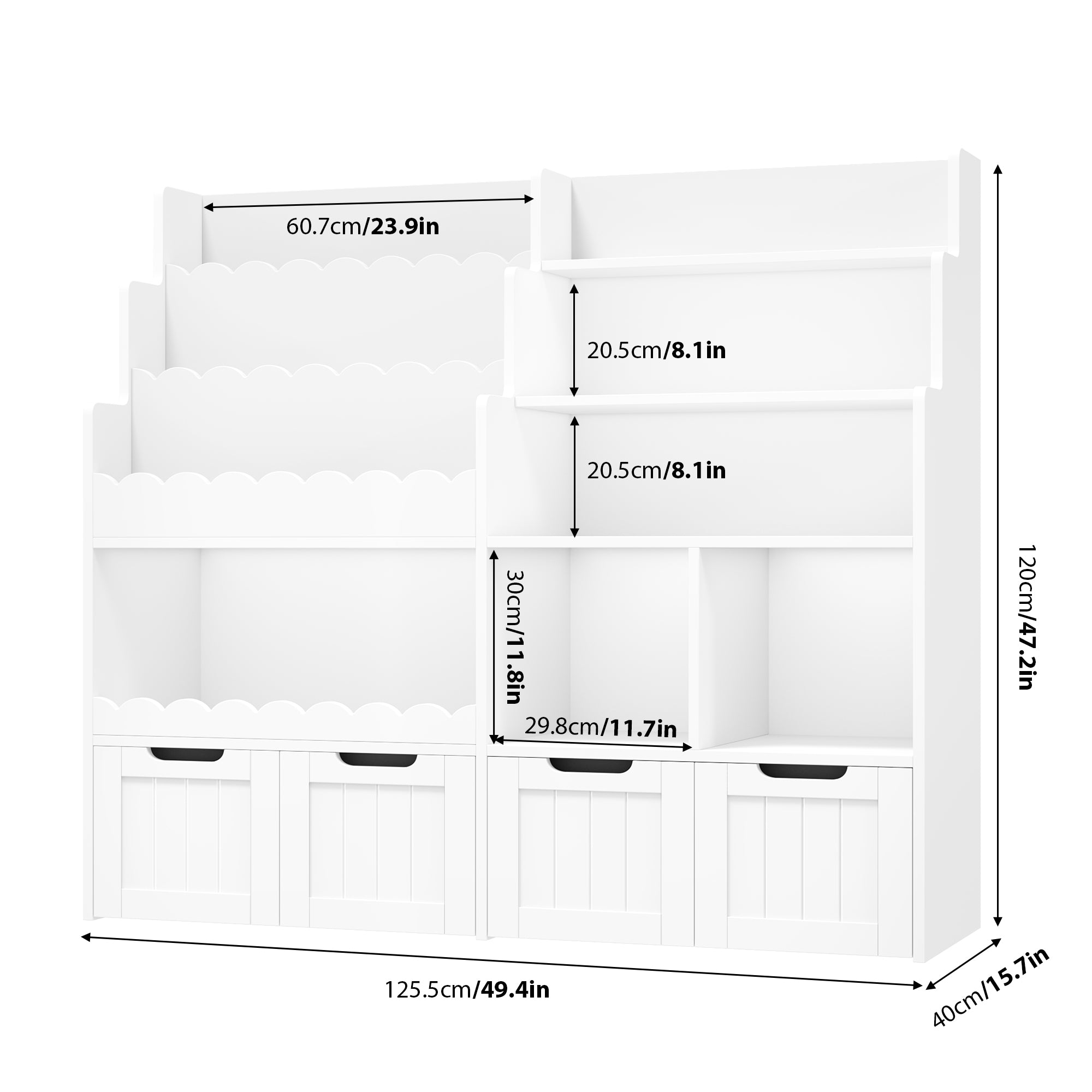 Hiphuta 47" Wide Large Kid’s Toy Storage Organizer, Wood Toy Cabinet with Book Rack & Movable Bins, White Toy Box for Kids Bedroom