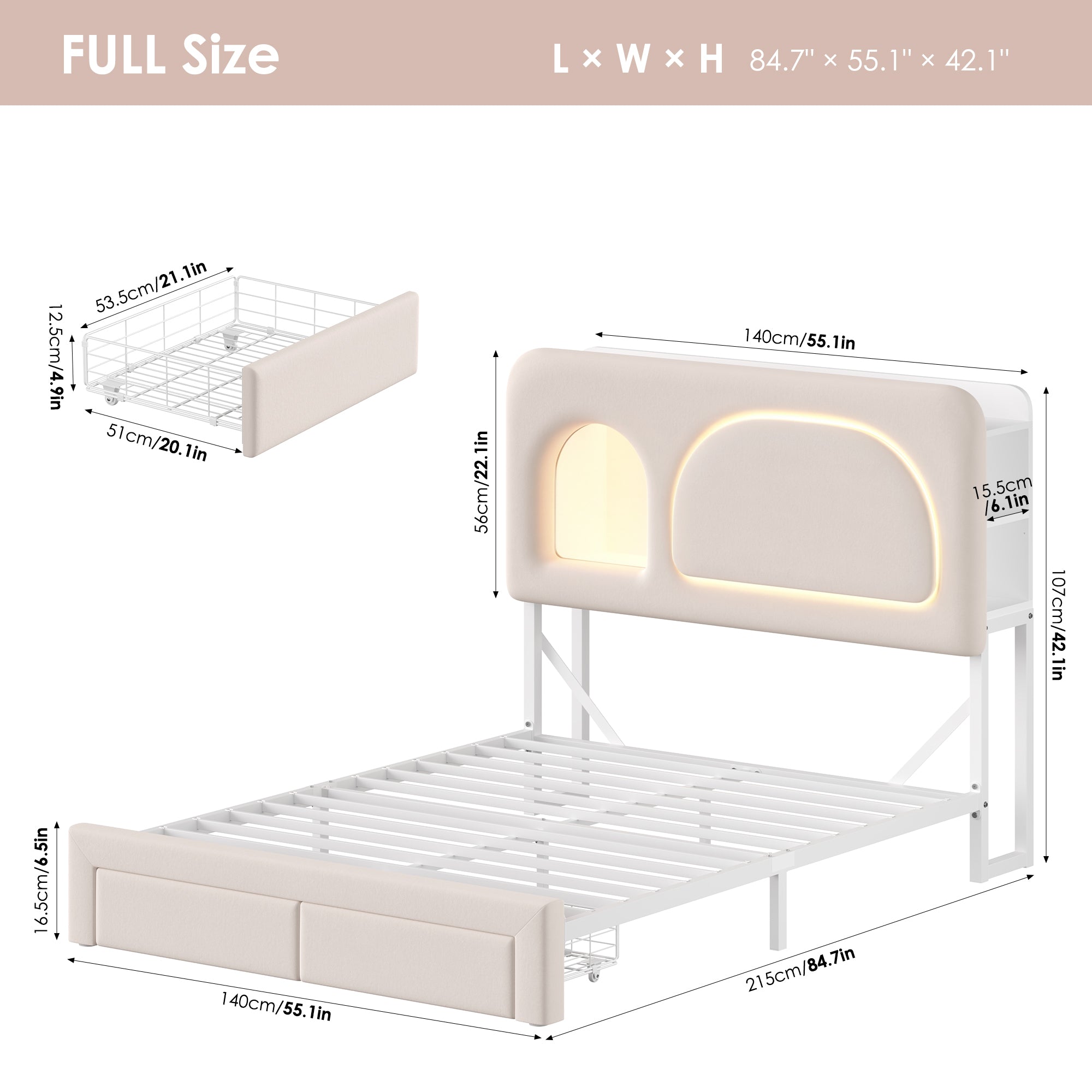 Hiphuta Full Size Bed Frame with RGB LED and Power Outlets, Velvet Upholstered Platform Bed with Drawers and Side Storage, White