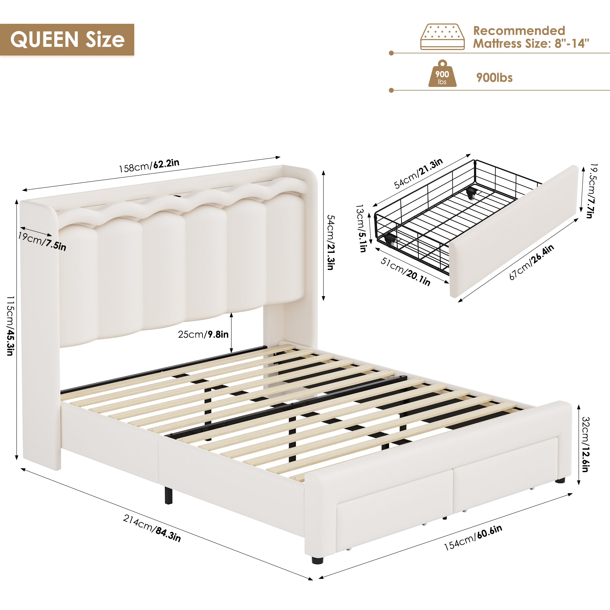 Hiphuta Queen Size Bed with Power Outlet & LED, Upholstered Velvet Beds with Drawer, Queen Beds with Headboard Storage, Beige