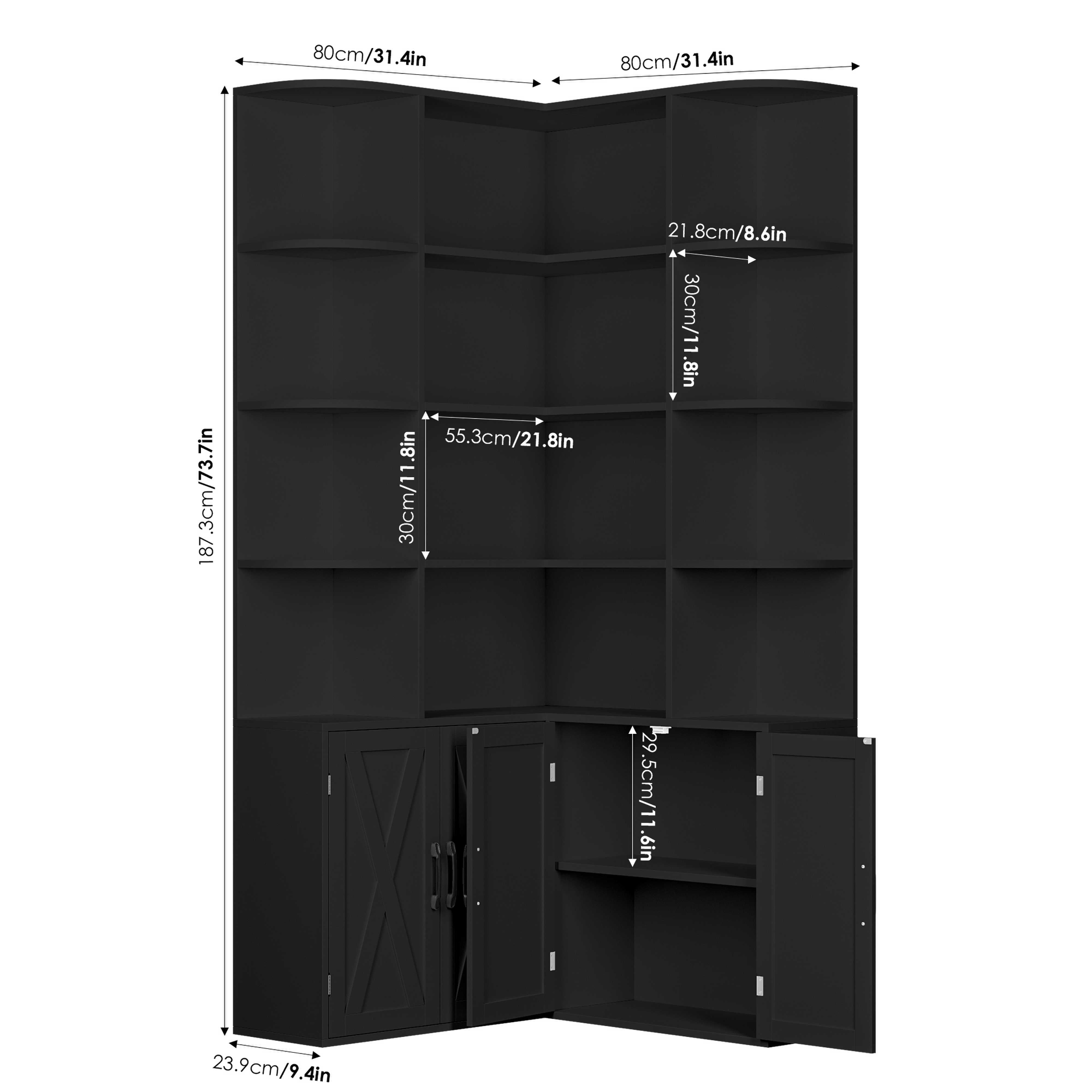 Hiphuta 6 Tier Corner Bookcase with 4 Doors, Farmhouse Large Corner Bookcase for Office Living Room,  Black