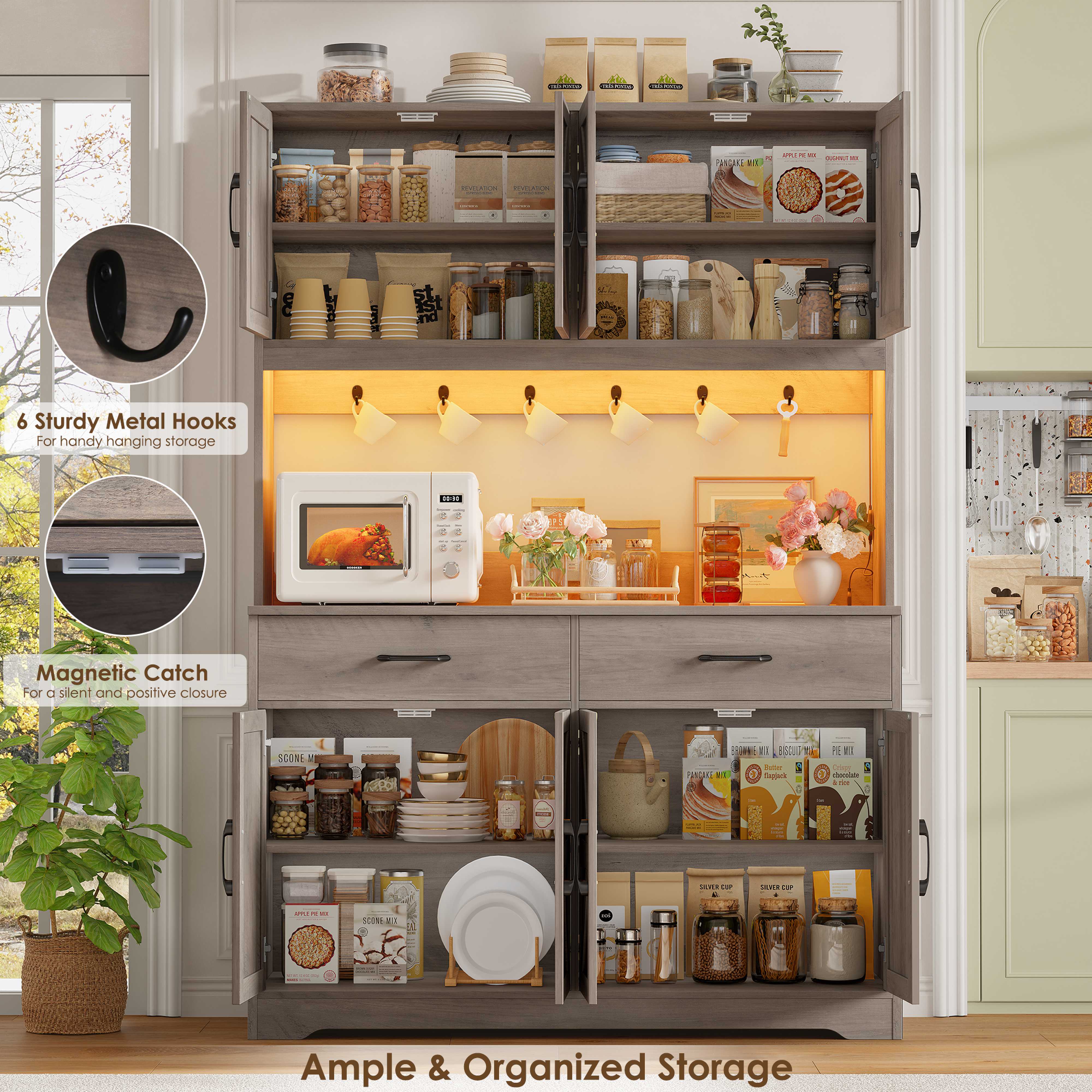 Hiphuta 71" Tall Kitchen Pantry Storage Cabinet with RGB LED and 6 Metal Hooks, Farmhouse Coffee Bar Cabinet with Charging Station, Buffet with Hutch and Microwave Stand, Gray