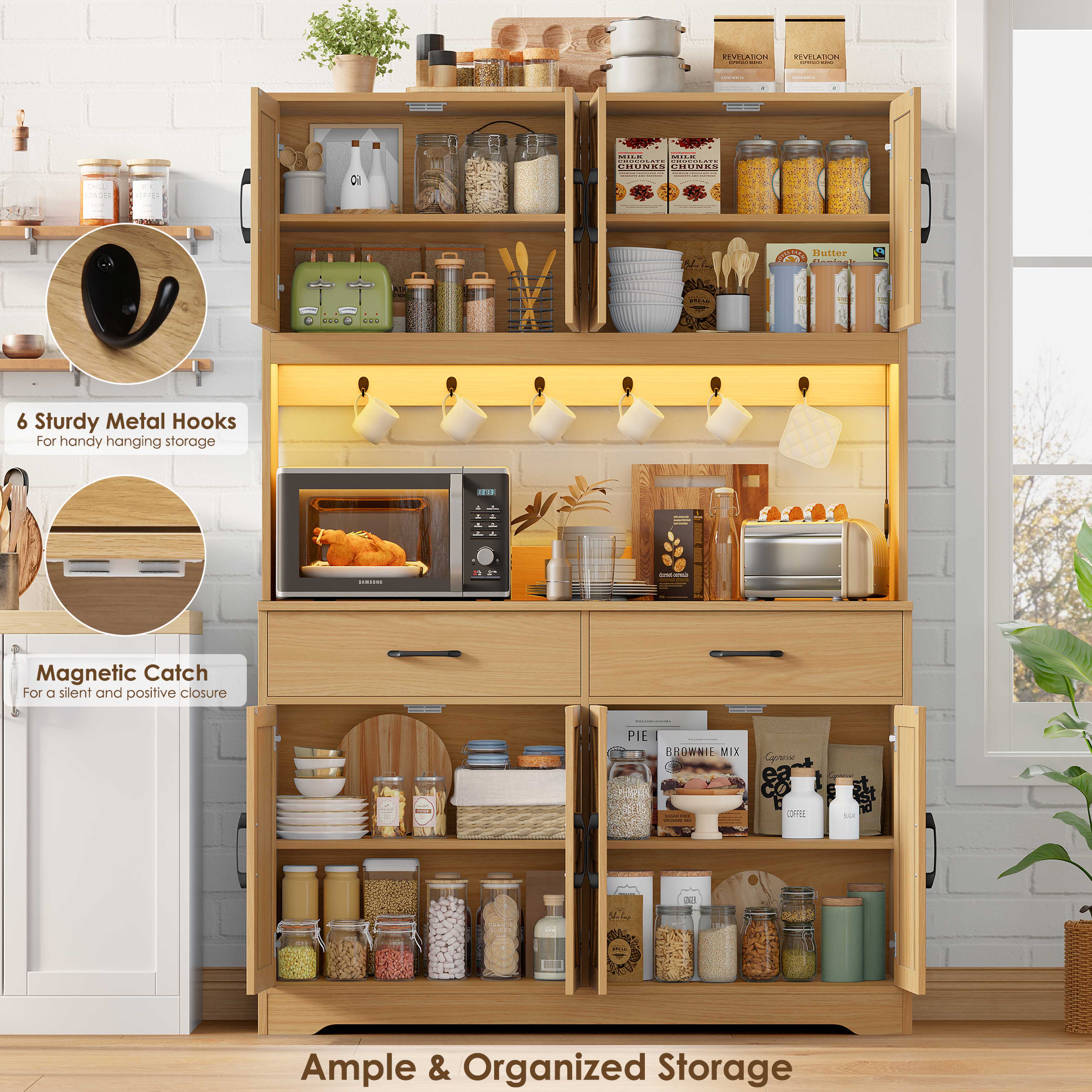 Hiphuta 71" Tall Kitchen Pantry Storage Cabinet with RGB LED and 6 Metal Hooks, Farmhouse Coffee Bar Cabinet with Charging Station, Buffet with Hutch and Microwave Stand, Light Oak