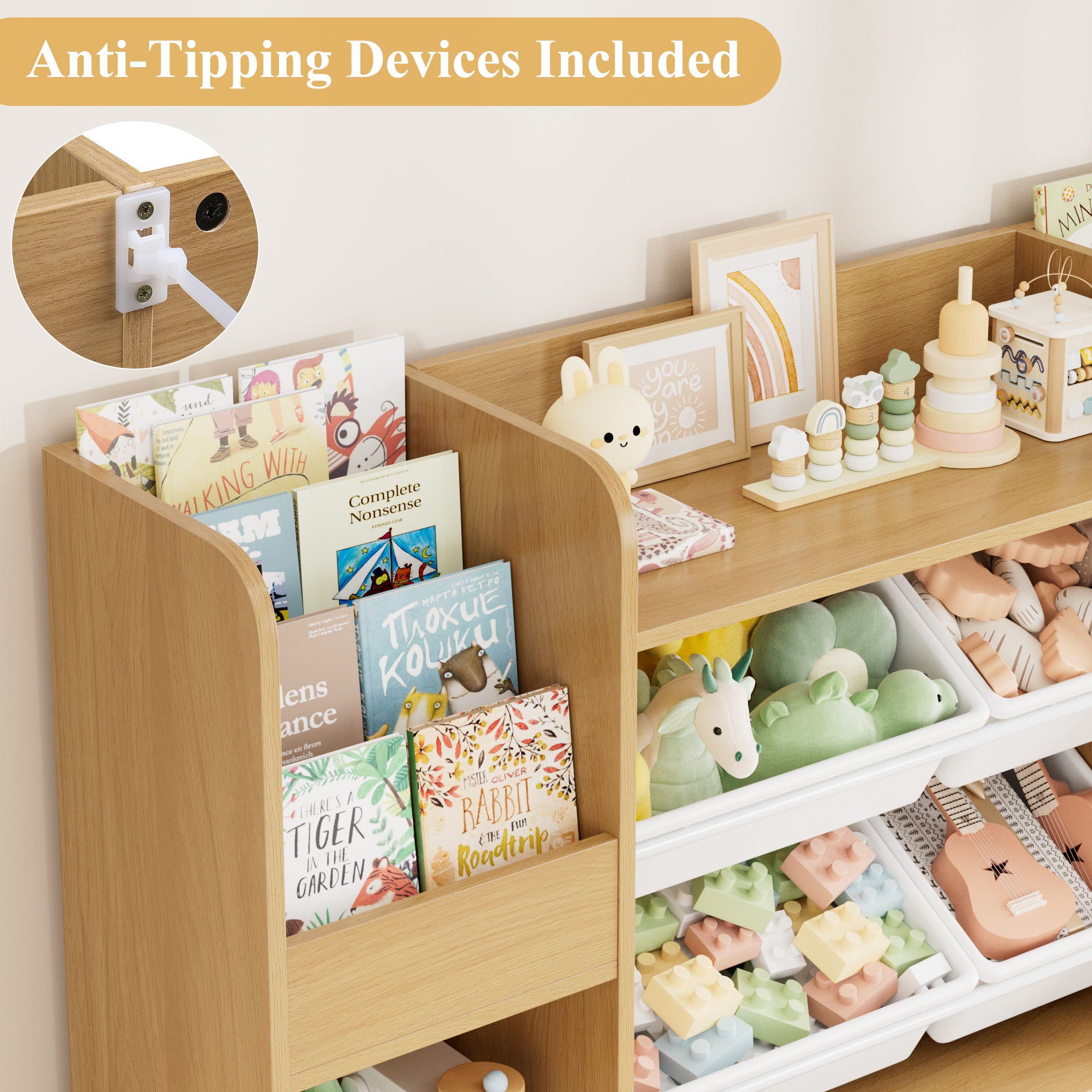Hiphuta Kids Bookcase Toy Storage Organizer, Wooden Toy Organizer of 4 Bins& 1 Removable Drawers for Home Bedroom, Kids Bookshelf Toy Box with Book Rack, Natural