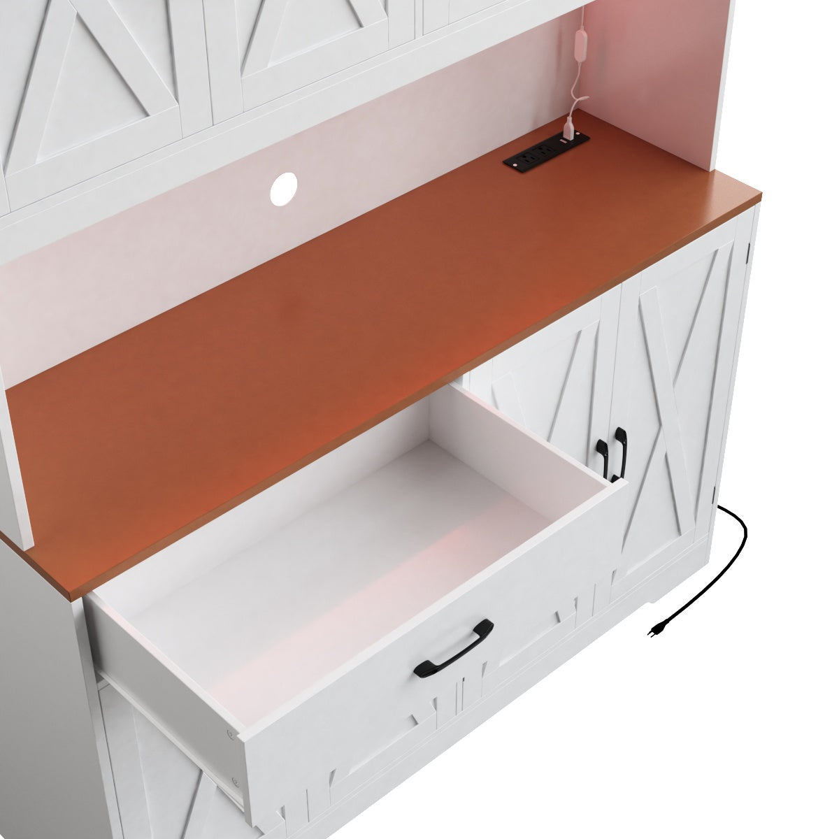 Hiphuta Large Kitchen Pantry Storage Cabinet with 8 Doors, Farmhouse Hutch Cabinet with RGB LED and Cup holders, White