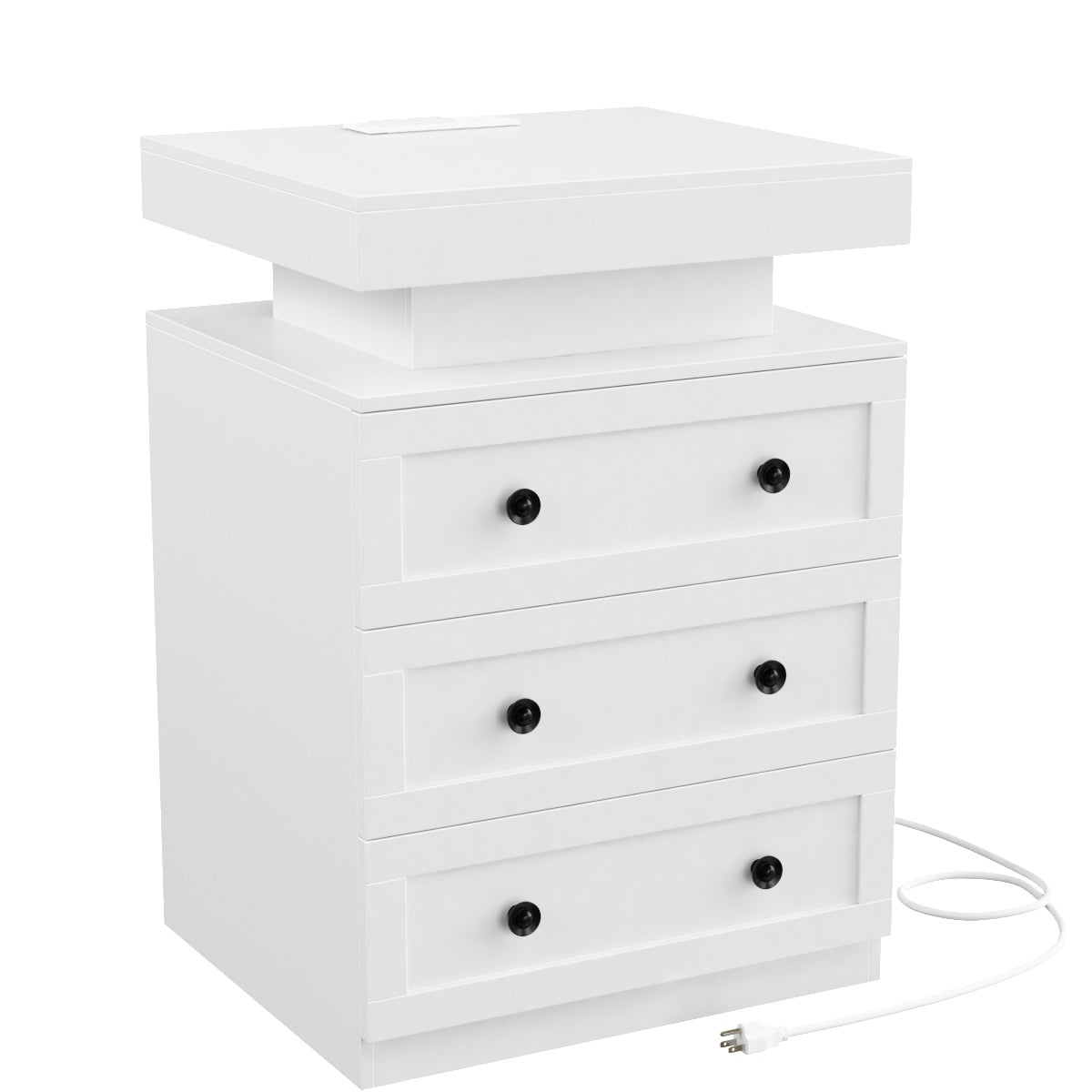 Hiphuta RGB LED 2 Nightstand with 3 Drawers, Sofa Table with Charging Station, White