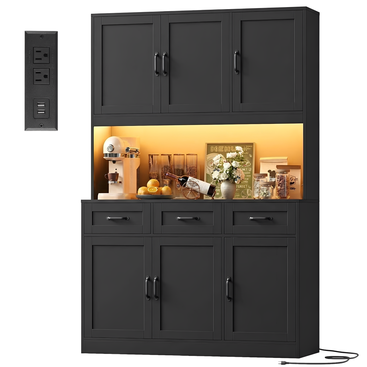 Hiphuta Kitchen Pantry Cabinet with LED Light, Kitchen Storage Cabinet with 3 Drawers and Adjustable Shelves, Kitchen Hutch for Kitchen Dining Room, Black