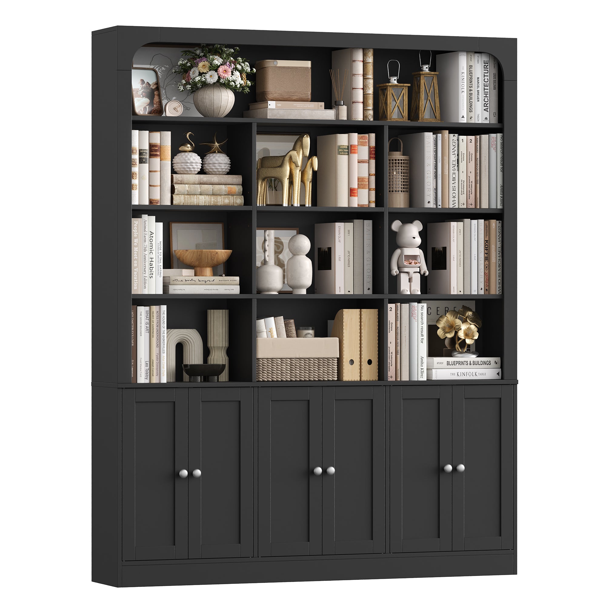 Hiphuta 71" Tall 4-Tier Bookcase with 10 Open Cubes, 56" Wide Extra Large Display Bookshelf with 4 Doors, for Living Room Home Office, Blac