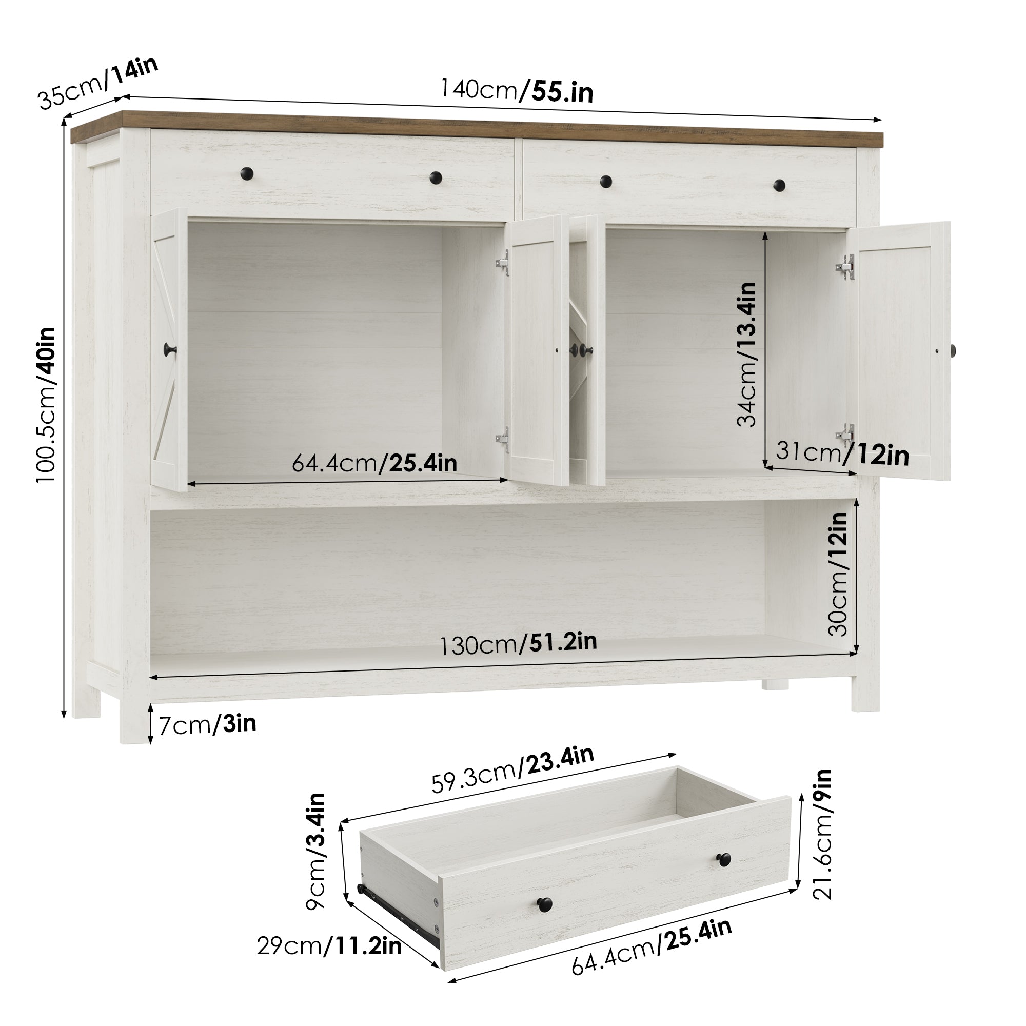 Hiphuta 55" Wide Console Table with 2 Drawers and 2 Double-Door Cabinet, Farmhouse Sideboard White