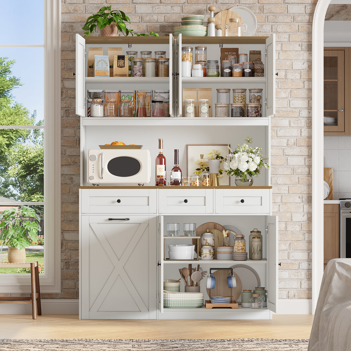 Hiphuta 73” Tall Kitchen Pantry Cabinet Fits 13 Gallon Trash Can Cabinet, Farmhouse Kitchen Storage Hutch with Pull Out Trash Can Storage for Dining Room Living Room, White