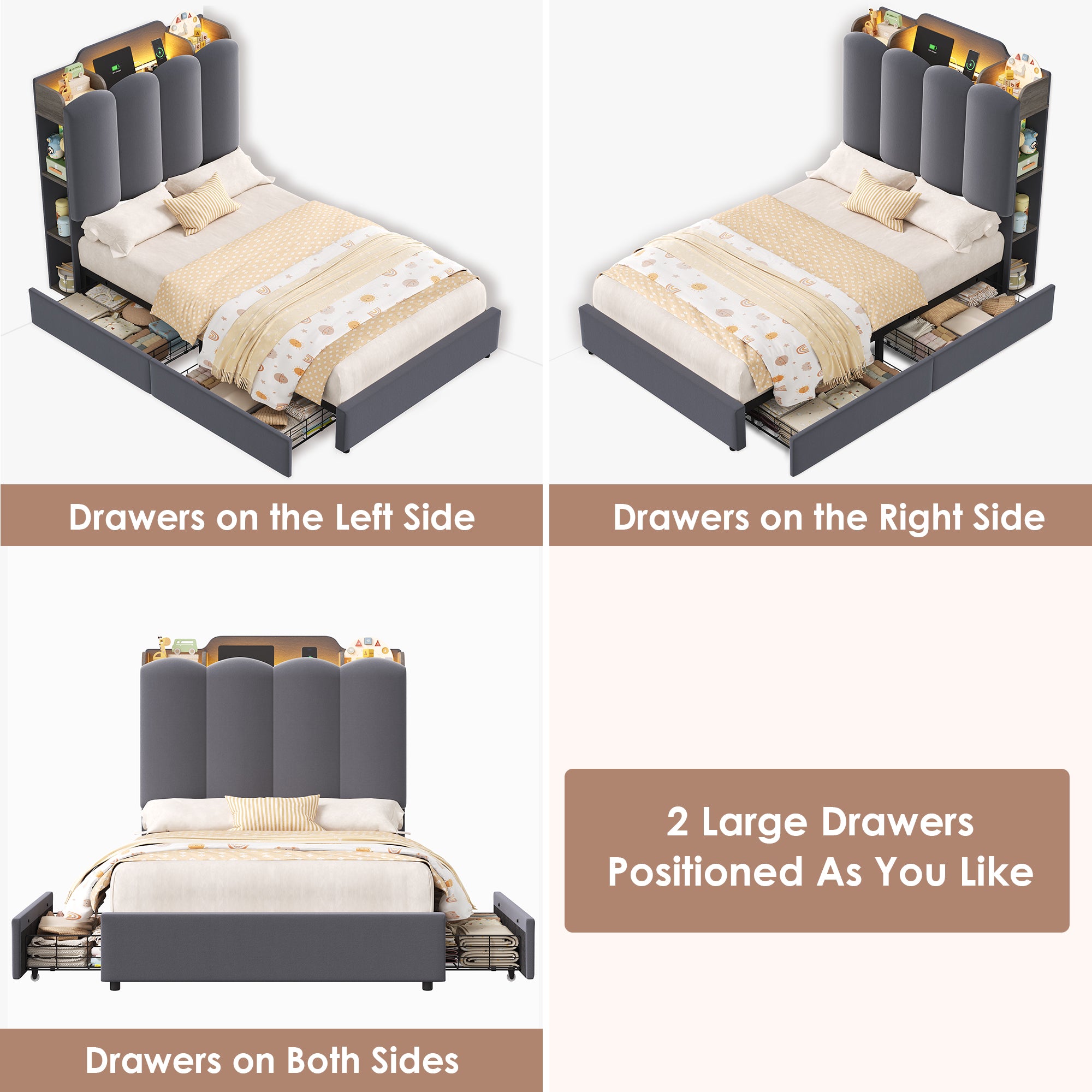 Hiphuta Twin Size Bed Frame with Upholstered Headboard, Led Bed with Storage Headboard, Gray