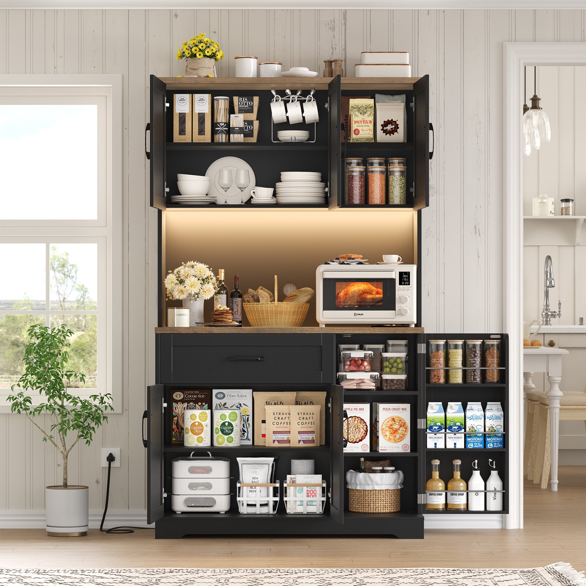 Hiphuta 71”Tall Modern Pantry Cabinet with Power Outlet & LED, Freestanding Kitchen Hutch Cabinet for Dining Room, Black