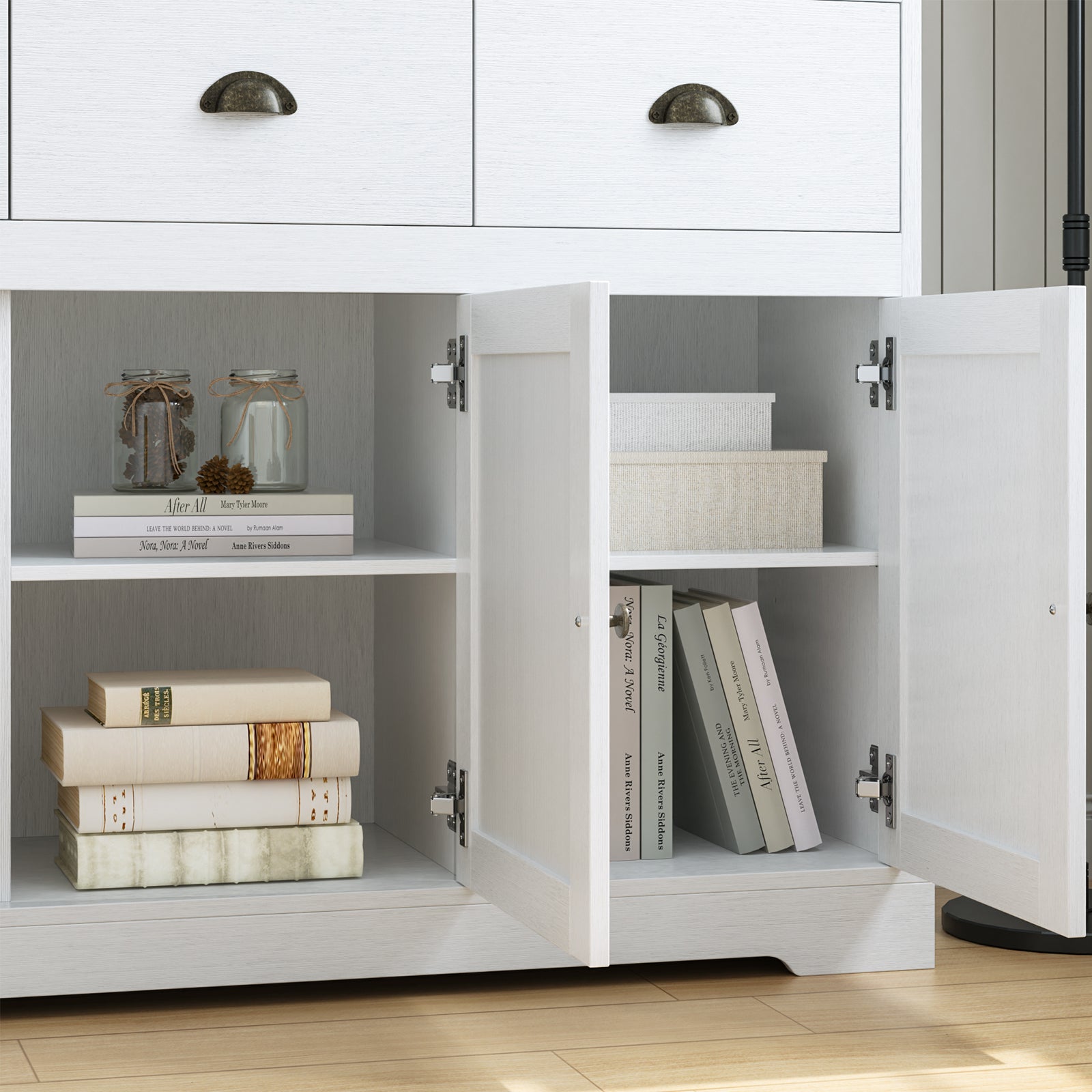 Hiphuta Sideboard Storage Cabinet with 3 Drawers & 3 Doors, 47.2 W Buffet Cabinet with Adjustable Shelves, OFF-White