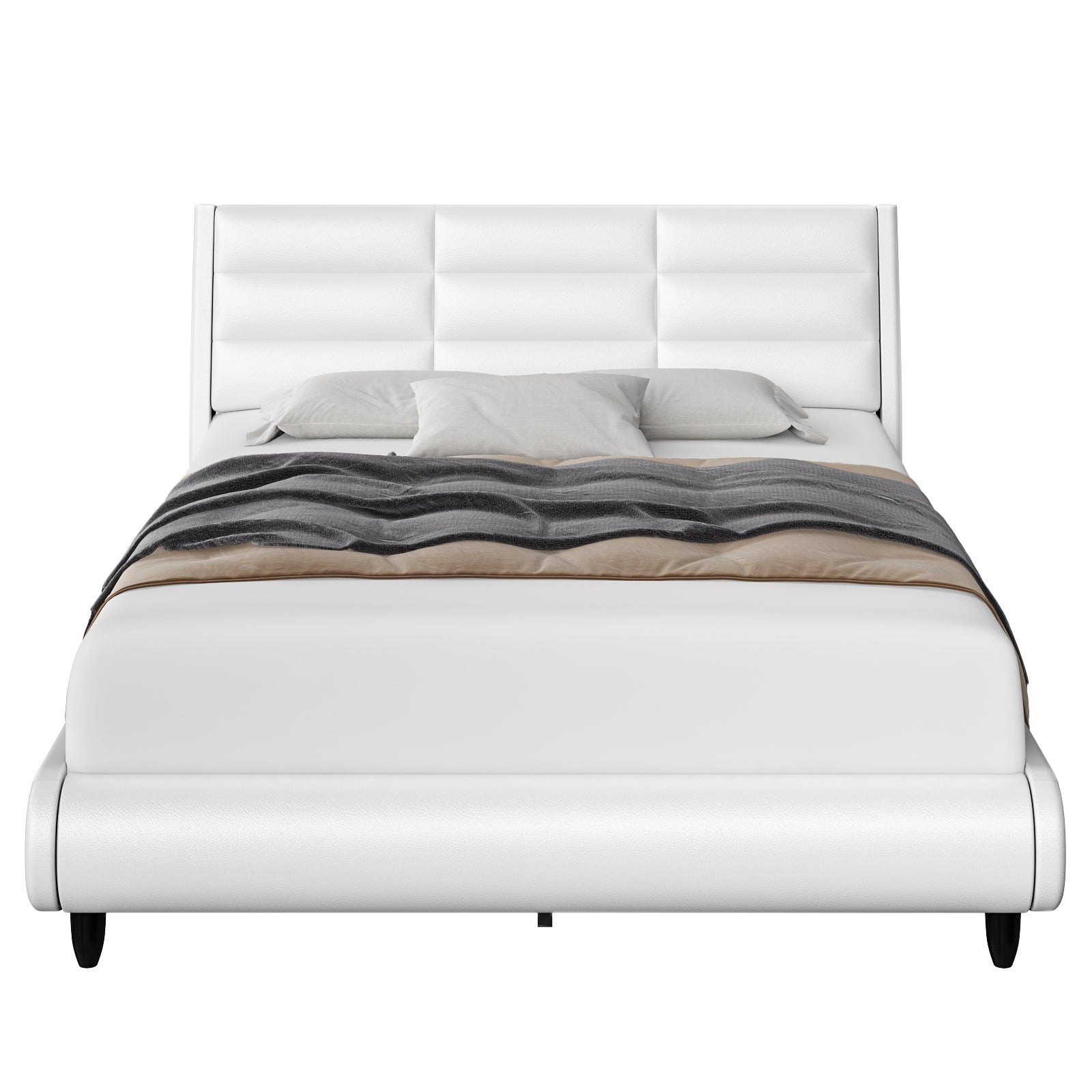 Hiphuta Queen Size Platform Sturdy Bed Frame with Side LED Light & Adjustable Headboard, PU Upholstered White