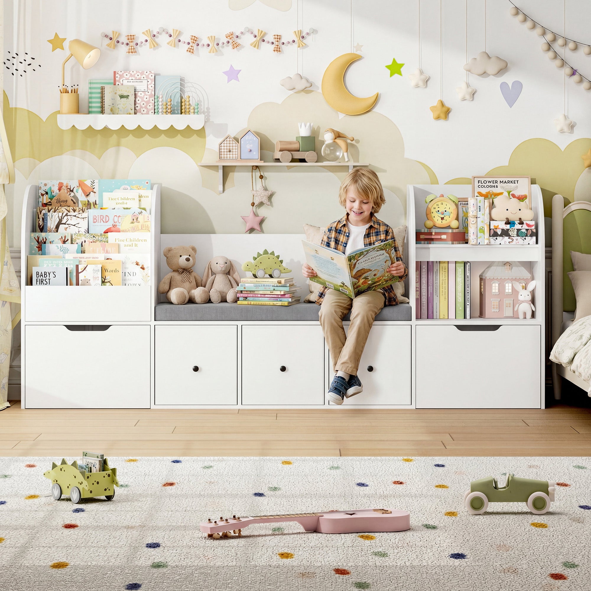 Hiphuta Kid Bookcase with Reading Nook, Wooden Toy Storage Organizer & Book Rack for Kid Room, White