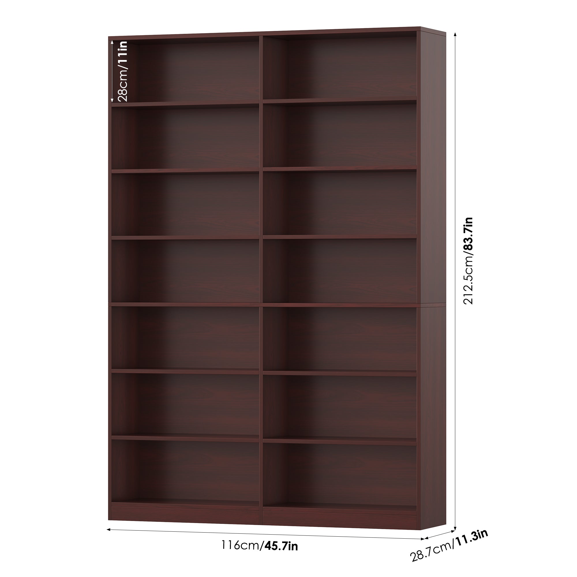 Hiphuta 84"H Double Wide 7-Tier Bookcase, Large Modern Bookcase with 14 Cubes for Home Office and Living Room, Freestanding Display Book Shelves, Cherry