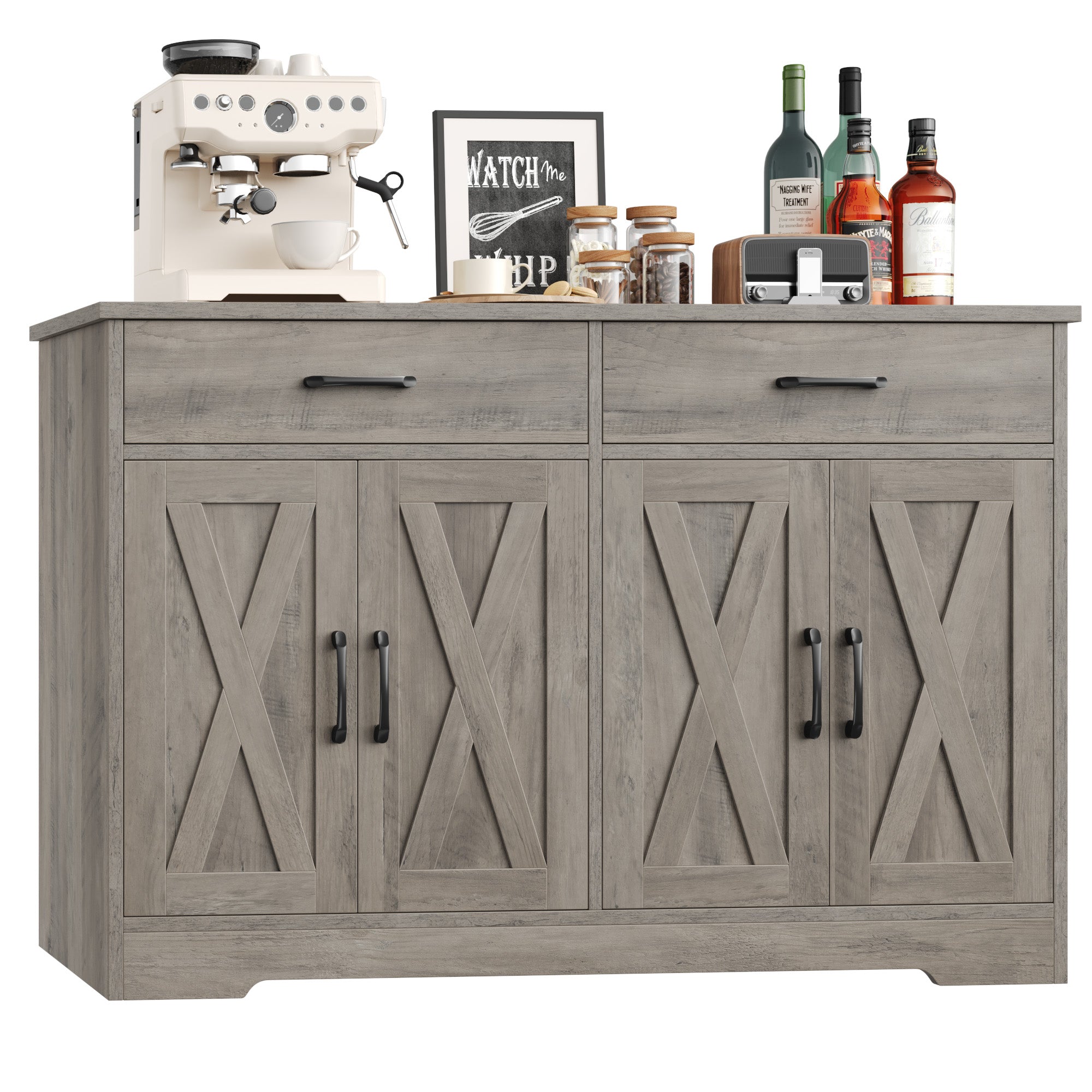 Hiphuta 47" Farmhouse Sideboard Storage Cabinets with 4 Doors & 2 Drawers, Cabinet for Living Room, Ash Gray