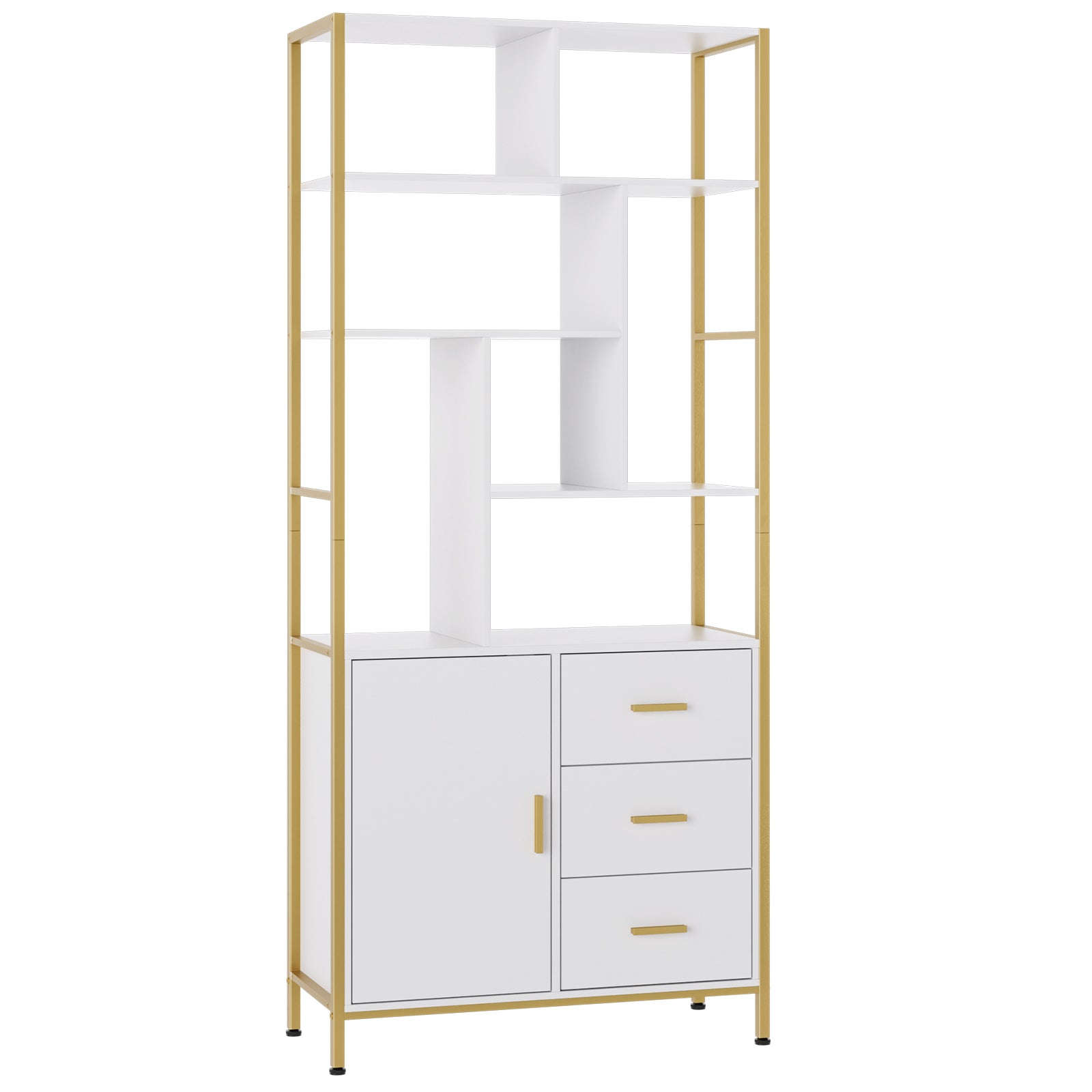 Hiphuta 71.2"H Bookshelf with 3 Drawers and 1 Door, Standard Tall Wood Bookcase for Home Office, White