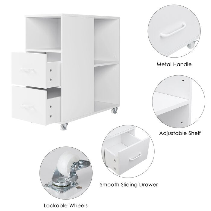 Hiphuta Movable End Side Table with 2 Drawers & Adjustable Shelf, Narrow Bedside Table, White