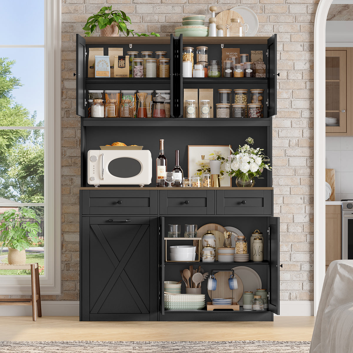 Hiphuta 73” Tall Kitchen Pantry Cabinet Fits 13 Gallon Trash Can Cabinet, Farmhouse Kitchen Storage Hutch with Pull Out Trash Can Storage for Dining Room Living Room, Black