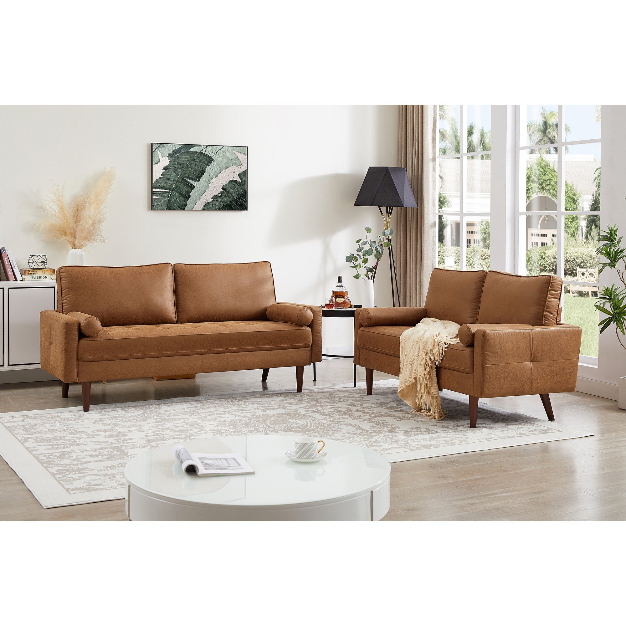 Hiphuta 70" Wide Mid-Century 3-Seater Couches with Tufted Cushion & 2 Pillows, Faux Leather, Brown