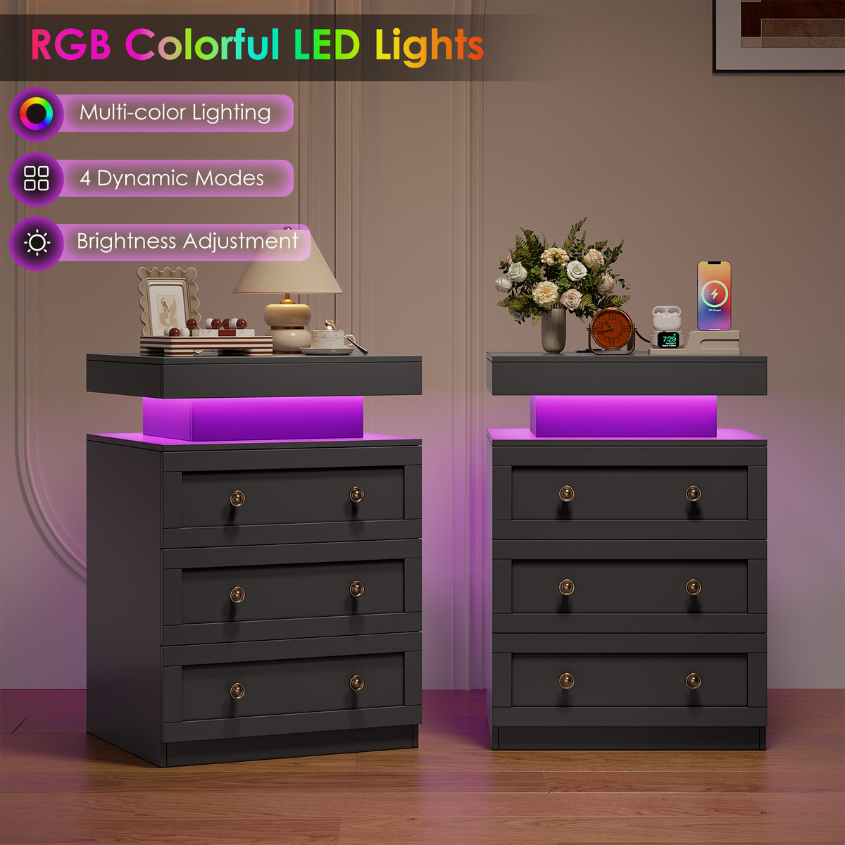 Hiphuta Set of 2 Nightstands with RGB LED and Charging Station for Bedroom, Sofa Tables with 3 Drawers for Living Room, Modern Beside Tables with Storage, Black