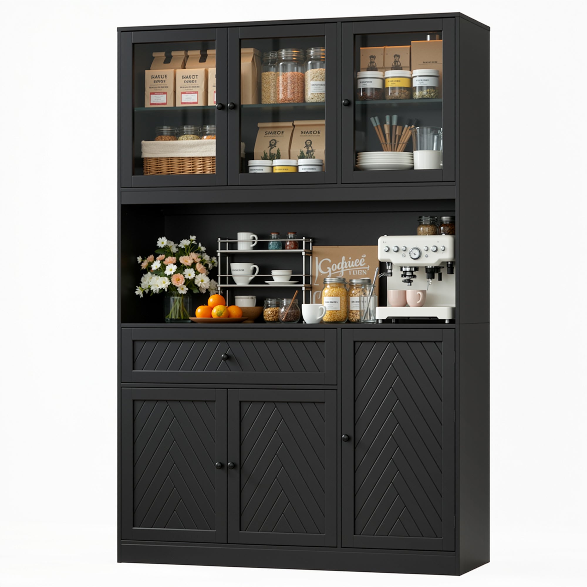 Hiphuta 72" Tall Modern Pantry Cabinet with Adjustable Shelves, Freestanding Kitchen Hutch Cabinet for Dining Room, Black