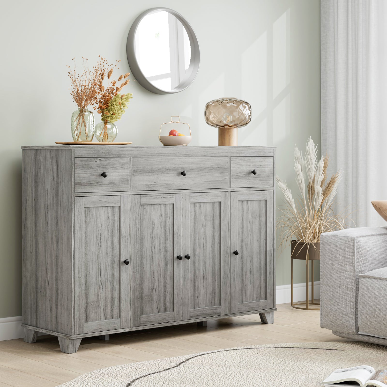 Hiphuta 47.2"W Buffet Sideboard, Wooden Storage Cabinet with 3 Drawers & 4 Doors, Wide Buffet Cabinet, Gray