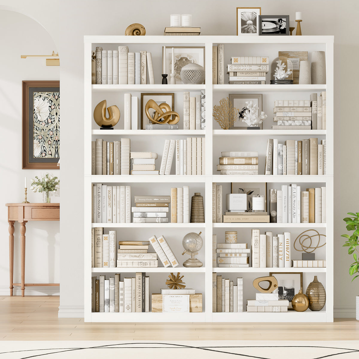 Hiphuta 63"W Extra Large and Sturdy Bookcase, Double Wide 6-Tier Bookshelf, For Home Office and Living Room, Wooden Freestanding Display Shelf, White