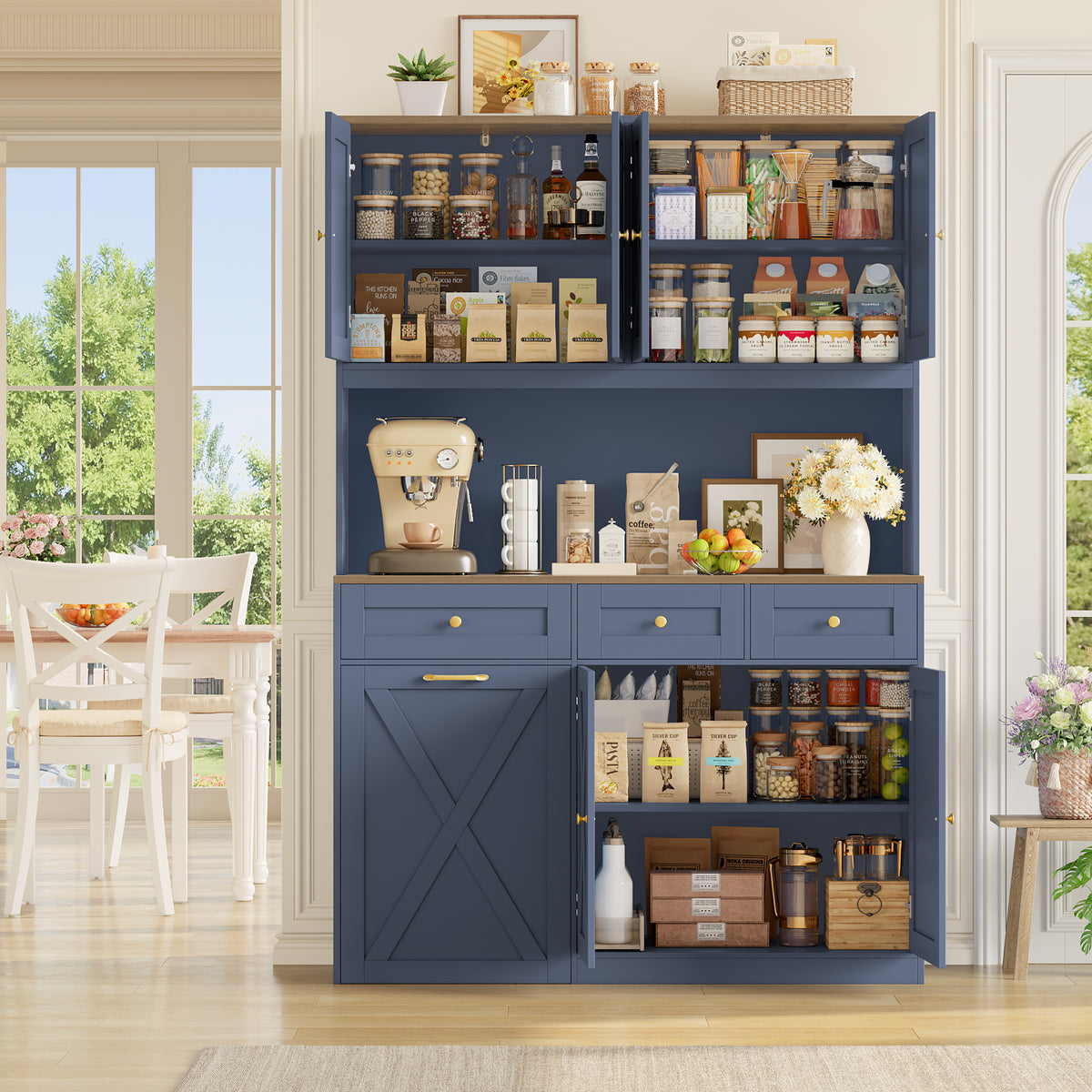Hiphuta 73” Tall Kitchen Pantry Cabinet Fits 13 Gallon Trash Can Cabinet, Farmhouse Kitchen Storage Hutch with Pull Out Trash Can Storage for Dining Room Living Room, Dark Blue