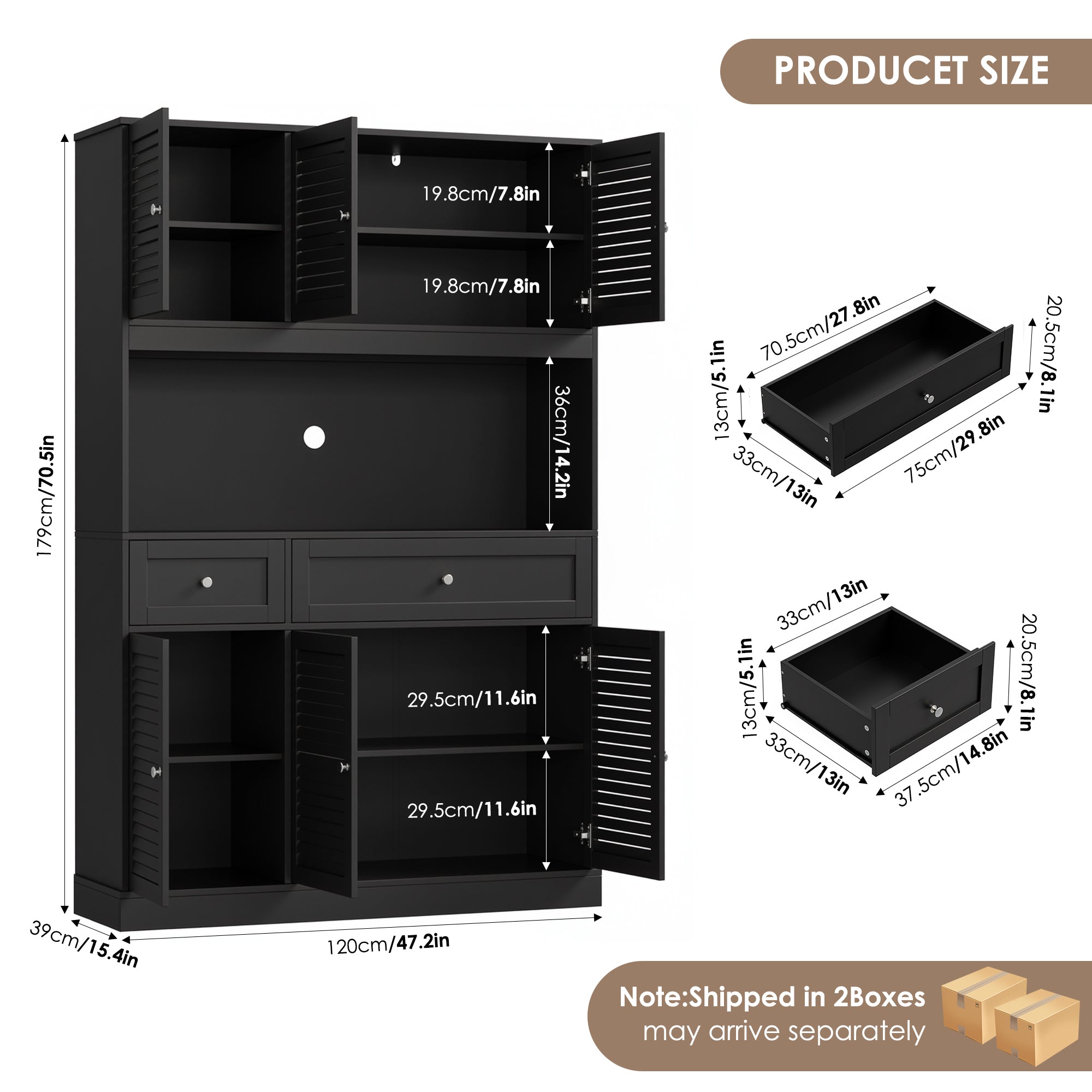 Hiphuta 70” Tall Modern Pantry Cabinet with Adjustable Shelves, Freestanding Kitchen Hutch Cabinet with Louvered Door for Dining Room, Black