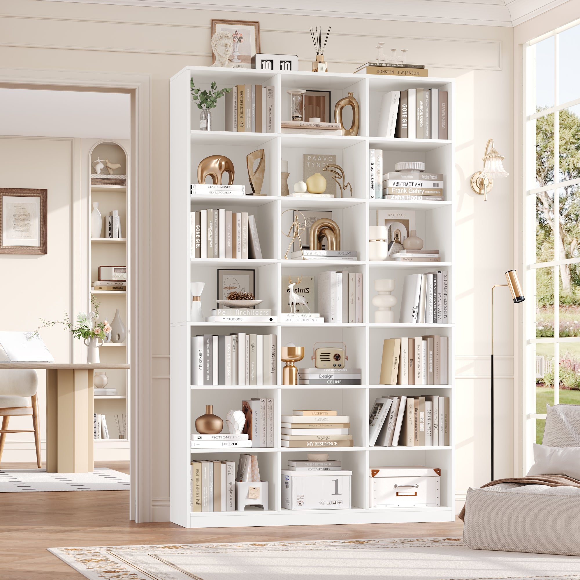 Hiphuta 86"H x 47"W Wood Triple 7-Tier Standard Bookcase, Tall Bookcase for Bedroom, Living Room and Office, Freestanding 21 Cubes Display Storage Shelves, White