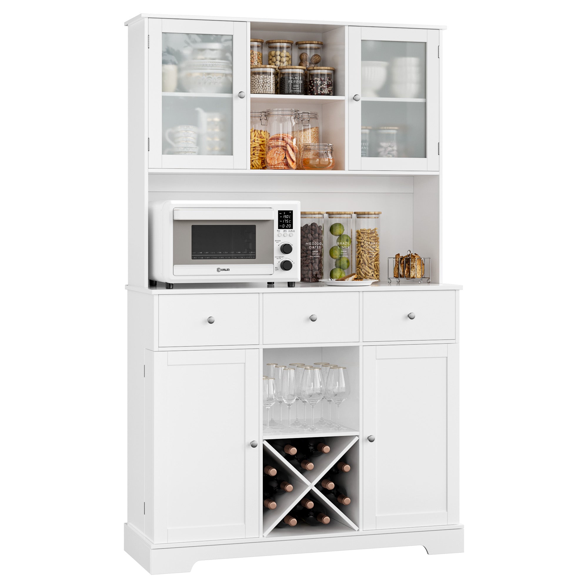 Hiphuta 68''H Kitchen Pantry Cabinet with Glass Doors & Removable Wine Rack for Dining Room Living Room, White