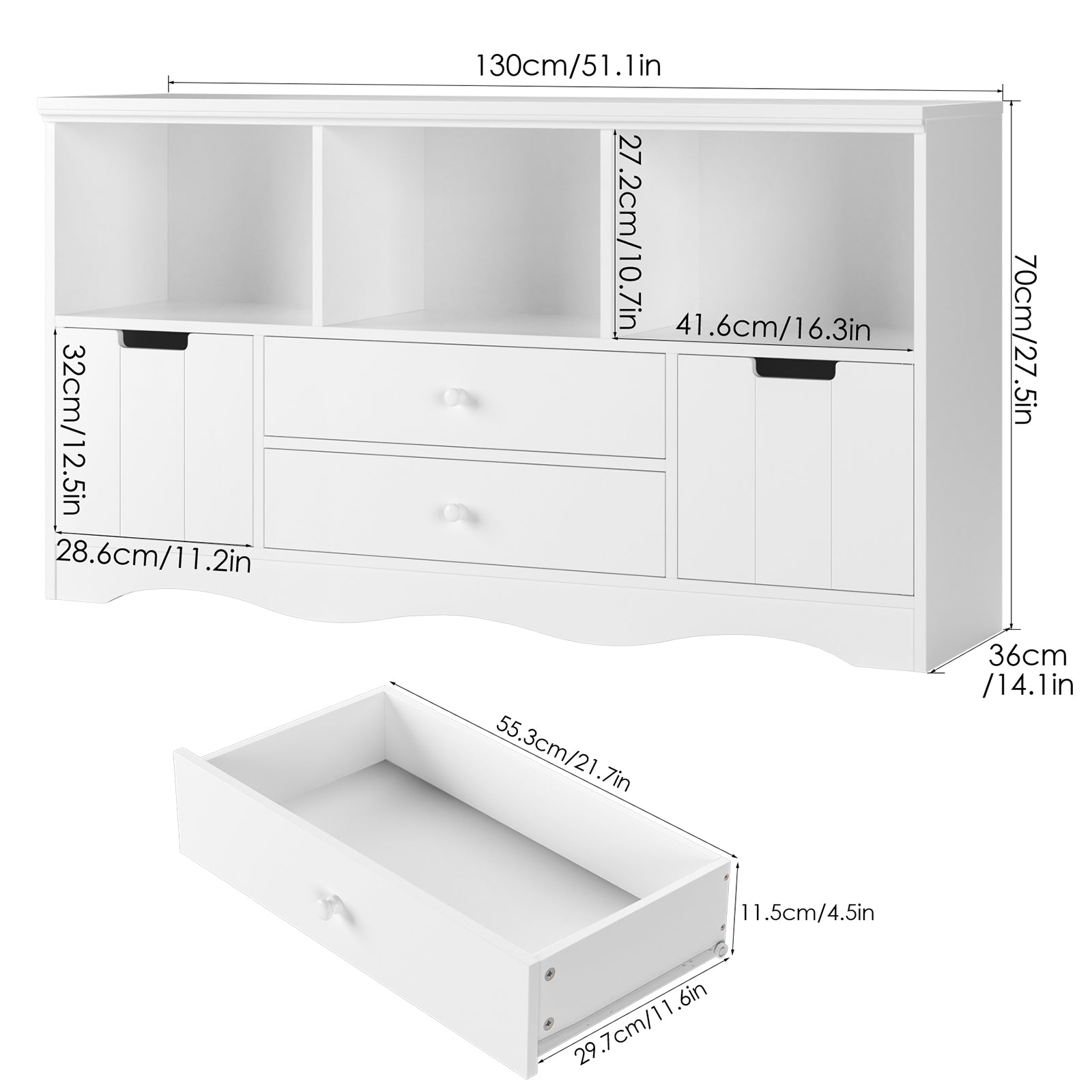 Hiphuta Wood Family TV Stand with 4 Drawers & 3 Cubes Storage for Living Room, White