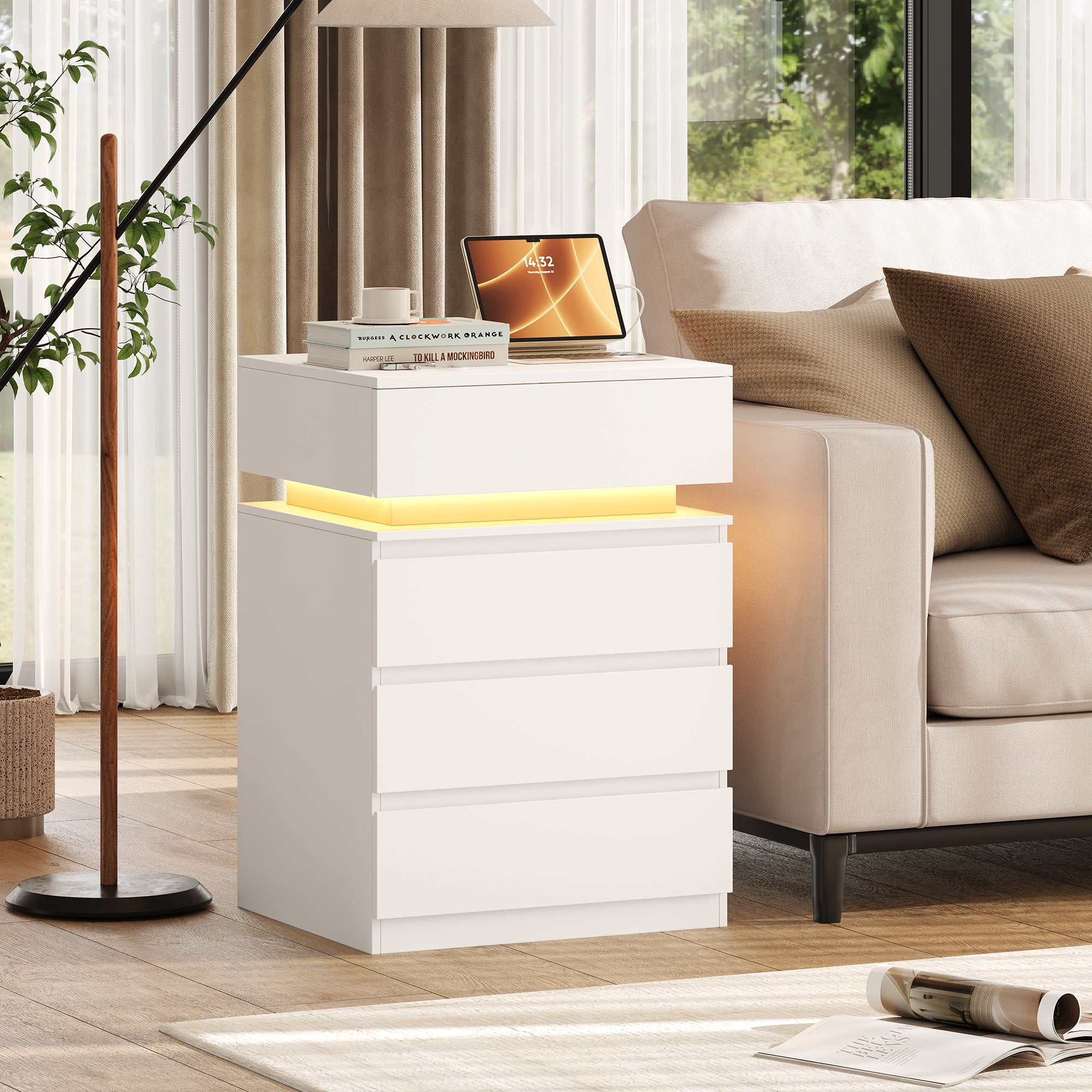 Hiphuta Set of 2 Bedside Table with Charge Station, Bedroom End Table with 4 Drawers, LED Nightstands for Living Room, White