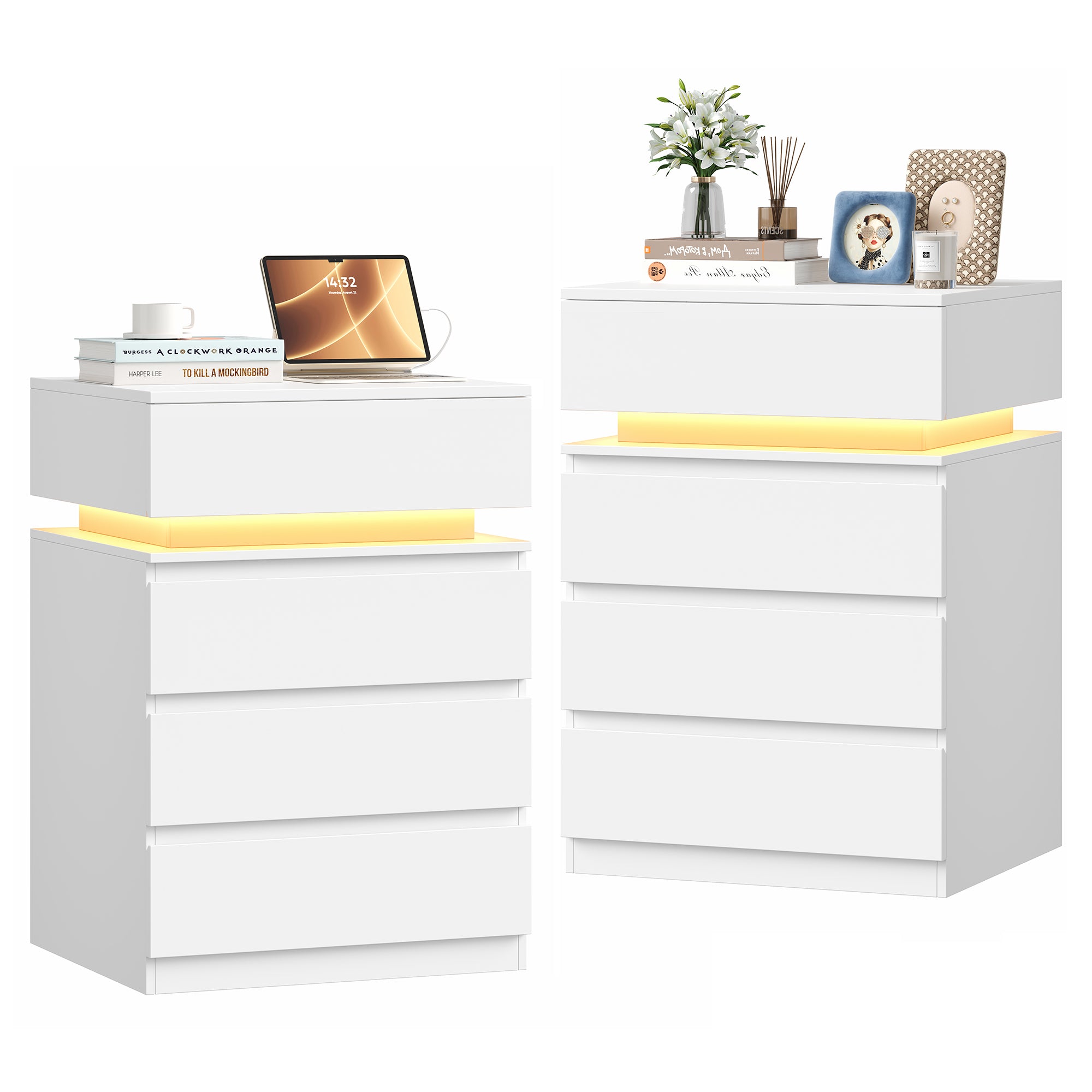 Hiphuta Set of 2 Bedside Table with Charge Station, Bedroom End Table with 4 Drawers, LED Nightstands for Living Room, White
