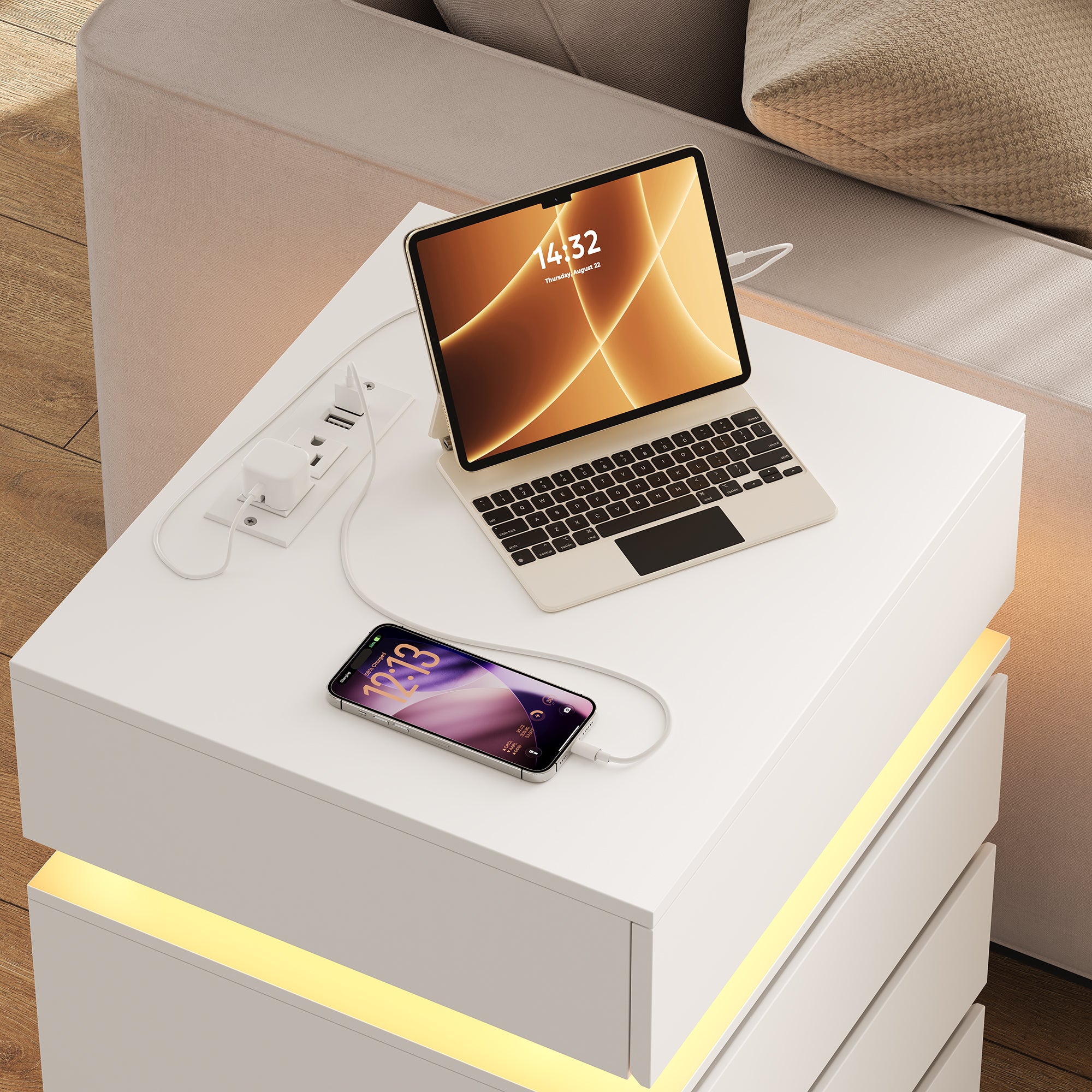 Hiphuta Set of 2 Bedside Table with Charge Station, Bedroom End Table with 4 Drawers, LED Nightstands for Living Room, White