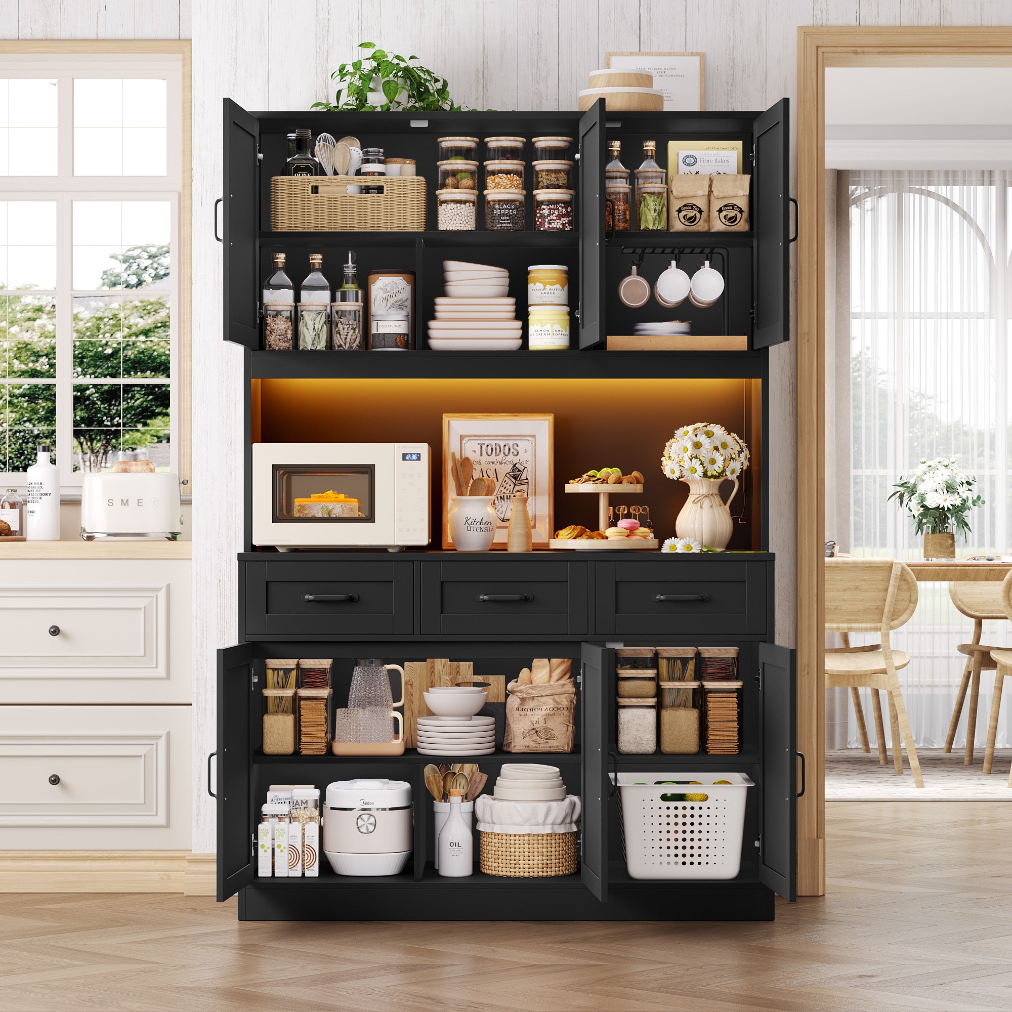 Hiphuta Kitchen Pantry Cabinet with LED Light, Kitchen Storage Cabinet with 3 Drawers and Adjustable Shelves, Kitchen Hutch for Kitchen Dining Room, Black