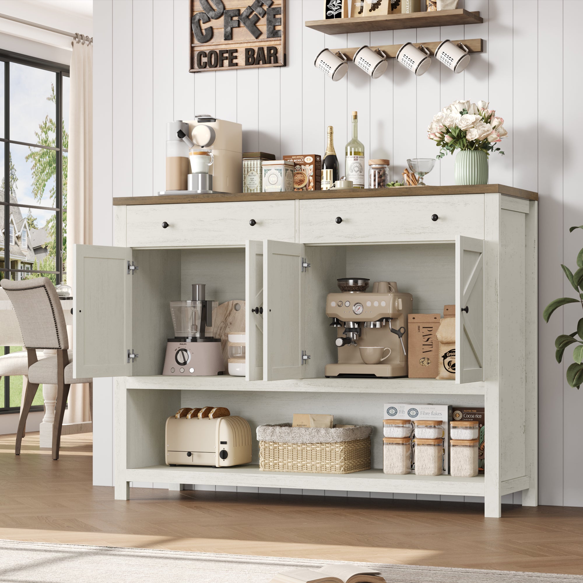 Hiphuta 55" Wide Console Table with 2 Drawers and 2 Double-Door Cabinet, Farmhouse Sideboard White