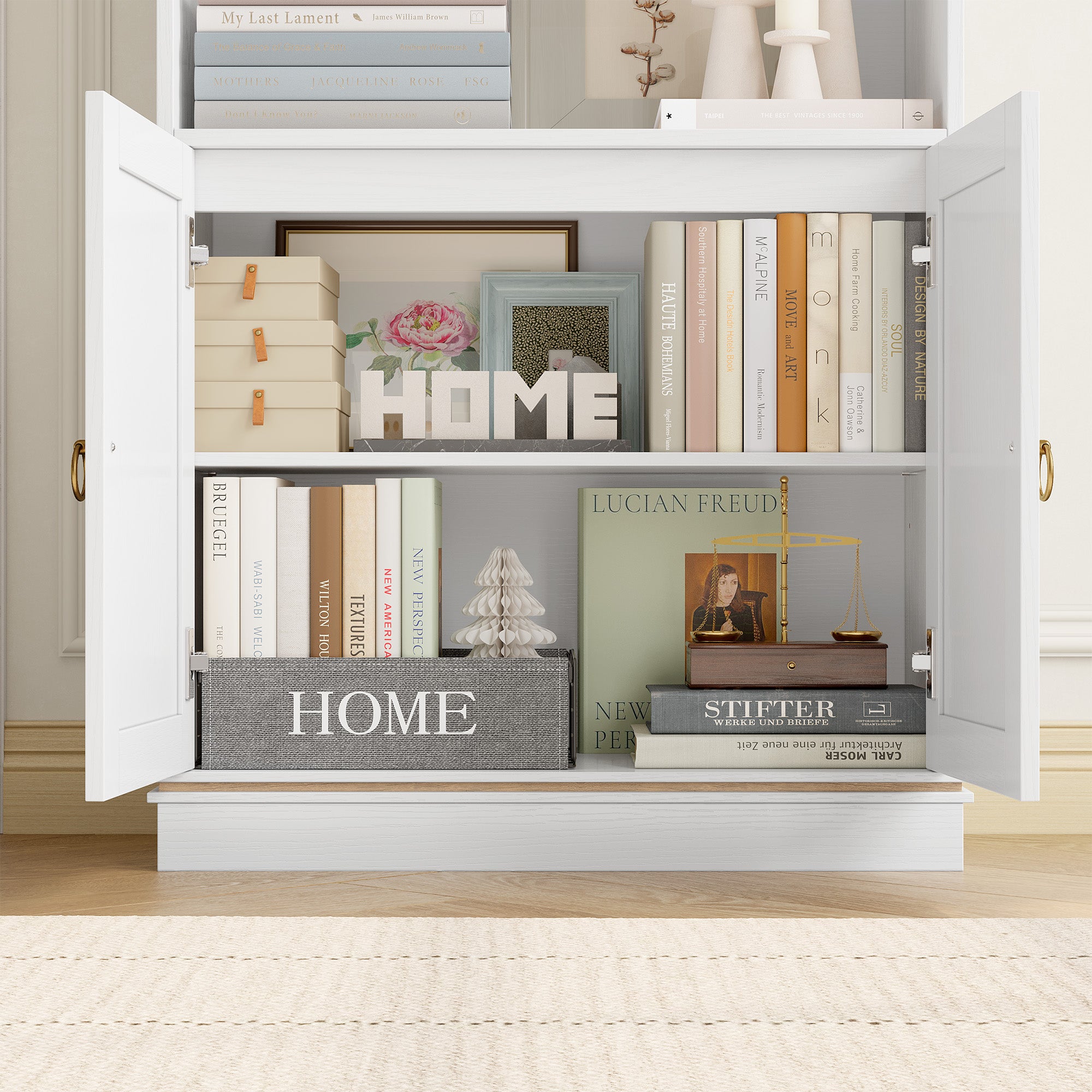 Hiphuta 73"Tall bookshelves with Storage, 4 Shelves Display Bookcase, Narrow Bookshelf with 2 Doors for Home Office, White