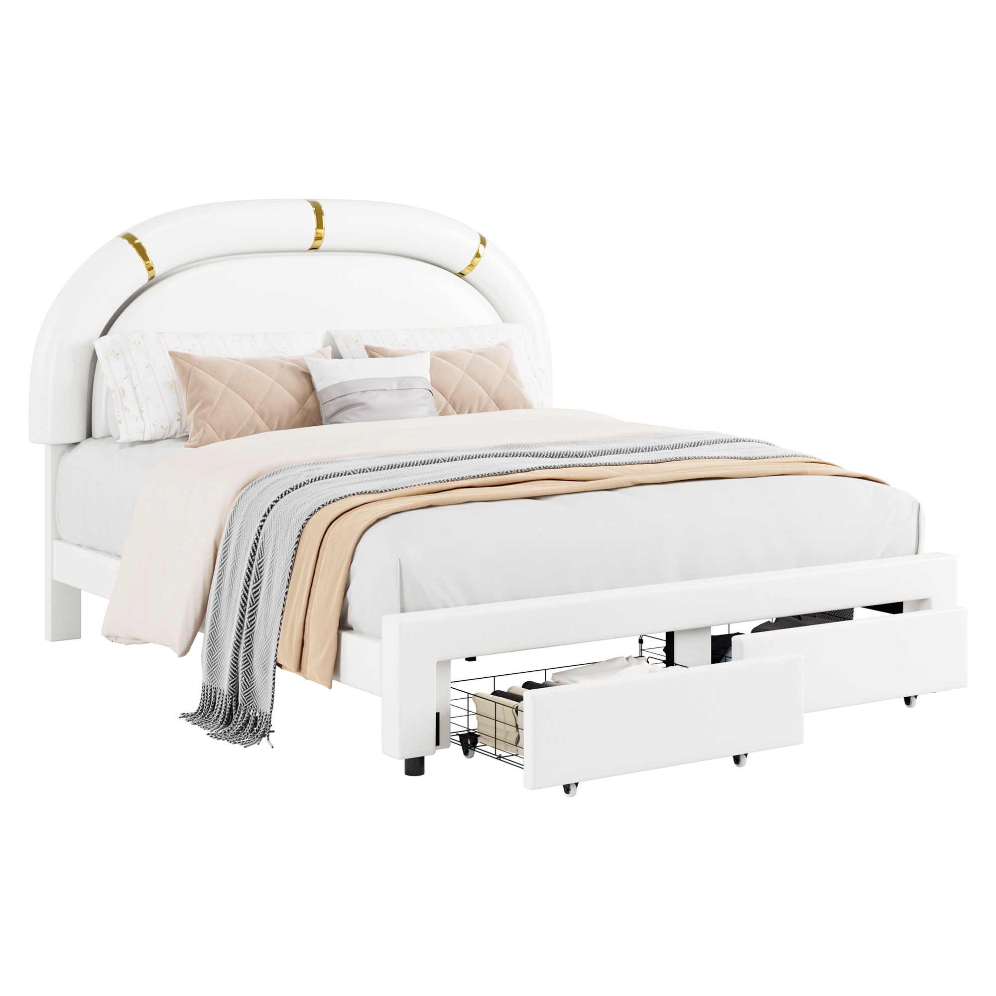 Hiphuta Queen Kids Bed Frame with 2 Storage Drawers, LED Bed with Adjustable Headboard, Modern PU Upholstered, White