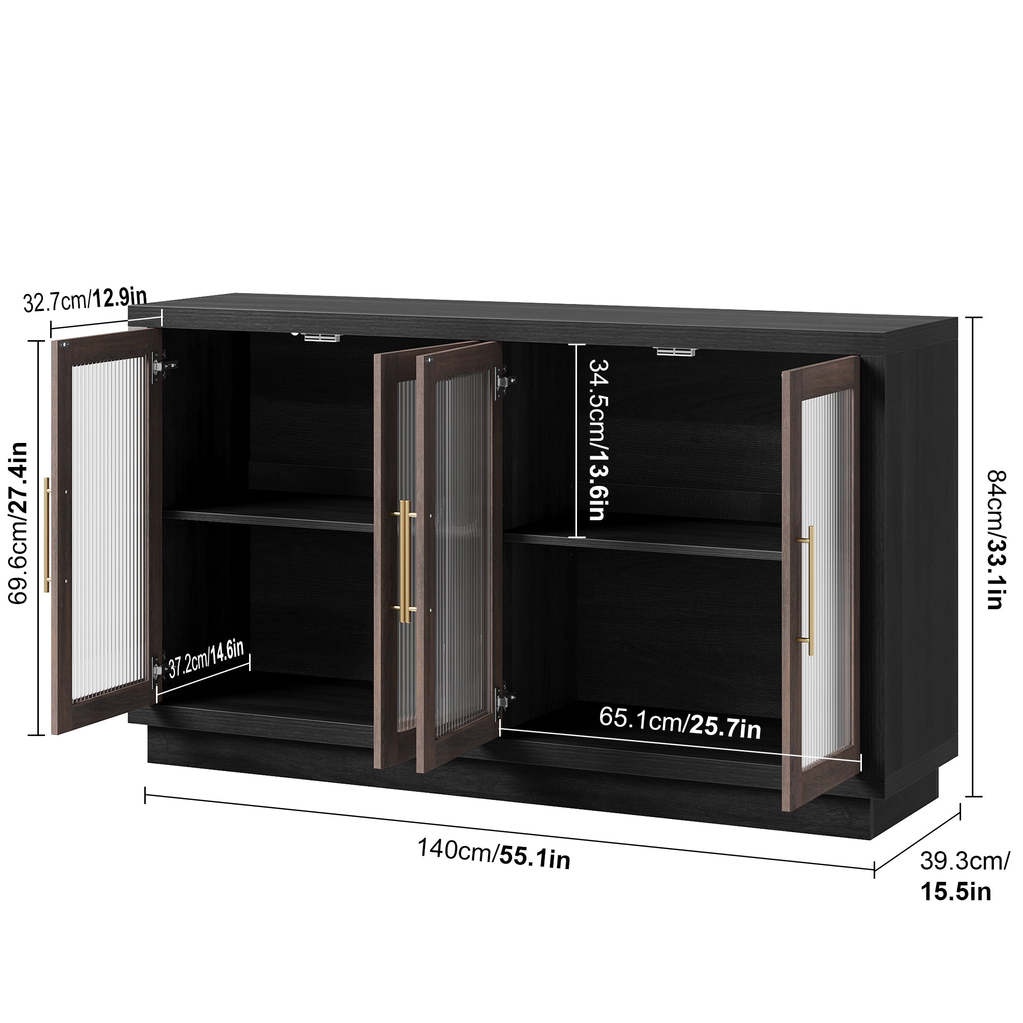 Hiphuta 55” Large Modern Buffet Sideboard, Credenza Storage Cabinet with Glass Doors 2 Adjustable Shelves, White